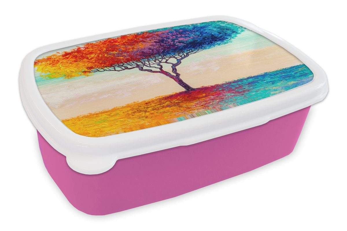 MuchoWow Lunchbox Gemälde - Ölfarbe - Baum - Regenbogen, Kunststoff, (2-tlg), Brotbox für Erwachsene, Brotdose Kinder, Snackbox, Mädchen, Kunststoff rosa