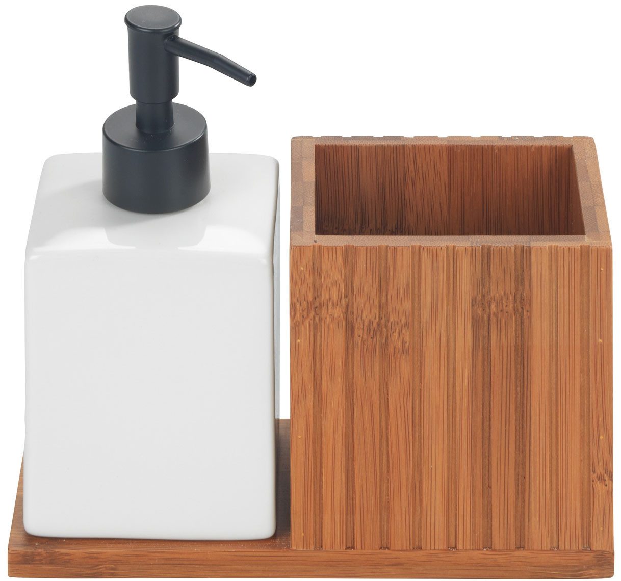 WENKO Spülmittelspender Modell Mera, mit Utensilienhalter, Keramik & geräucherter Bambus, Landhaus-Stil