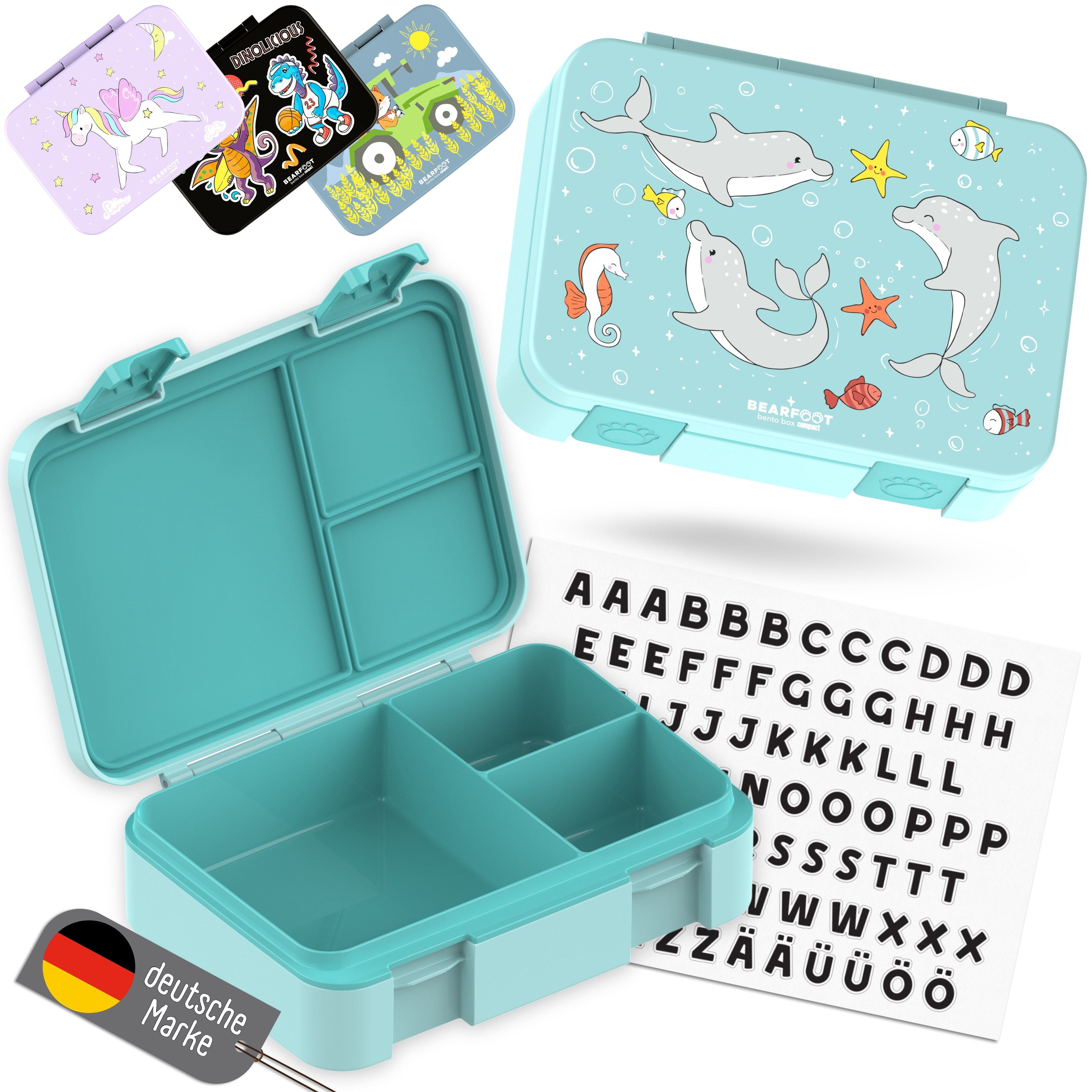 BEARFOOT Lunchbox Brotdose mit Fächern, leicht & auslaufsicher - Delfin, PP, ABS, Silikon, Kindergarten und Schule - Mädchen und Jungen, Vesperbox, Snackbox