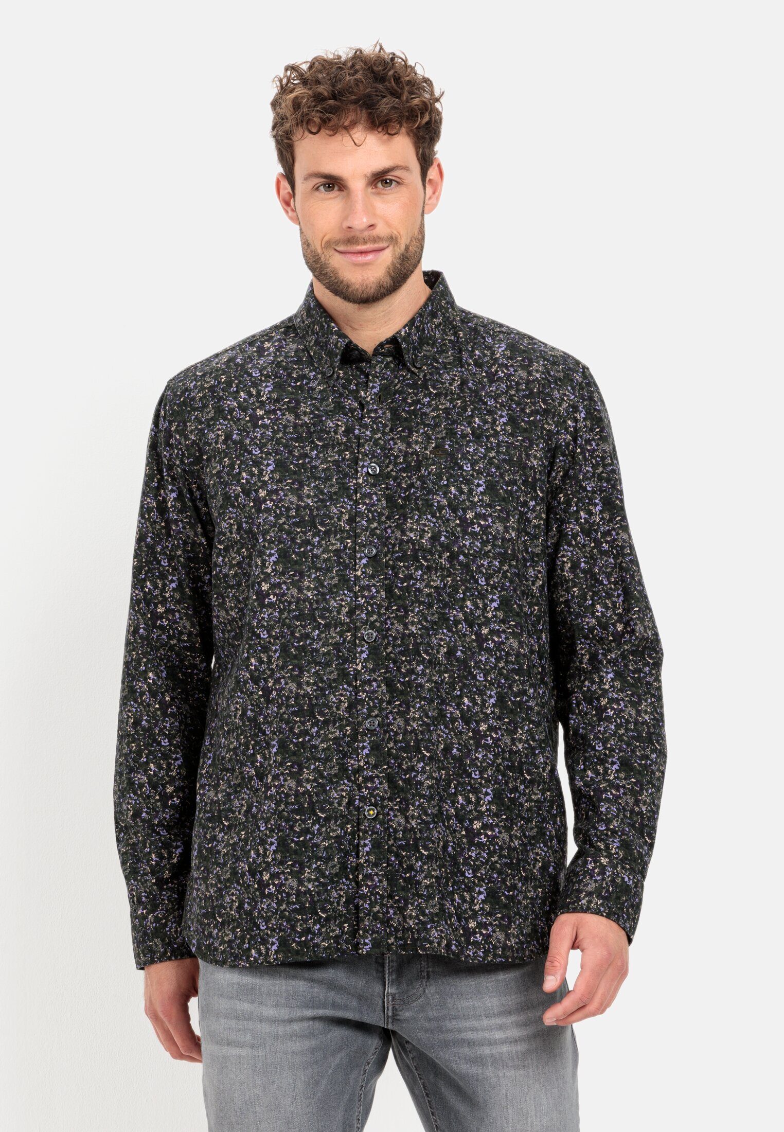 Dunkelgrün Button-Down Allover-Print mit Langarmhemd active camel