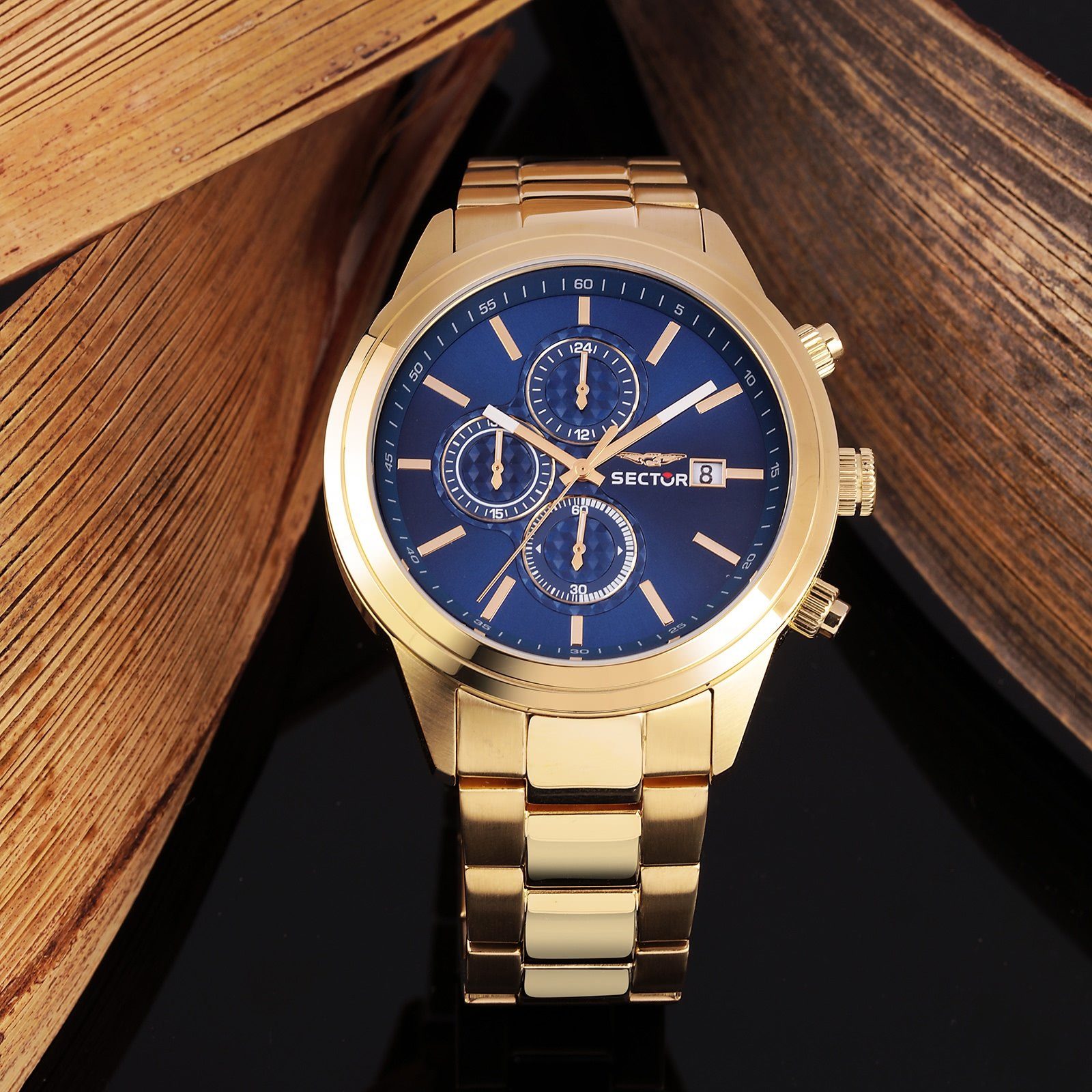 Chronograph Sector (ca. Herren Herren rund, Edelstahlarmband Armbanduhr gold, Chrono, Fashion Sector 43mm), Armbanduhr