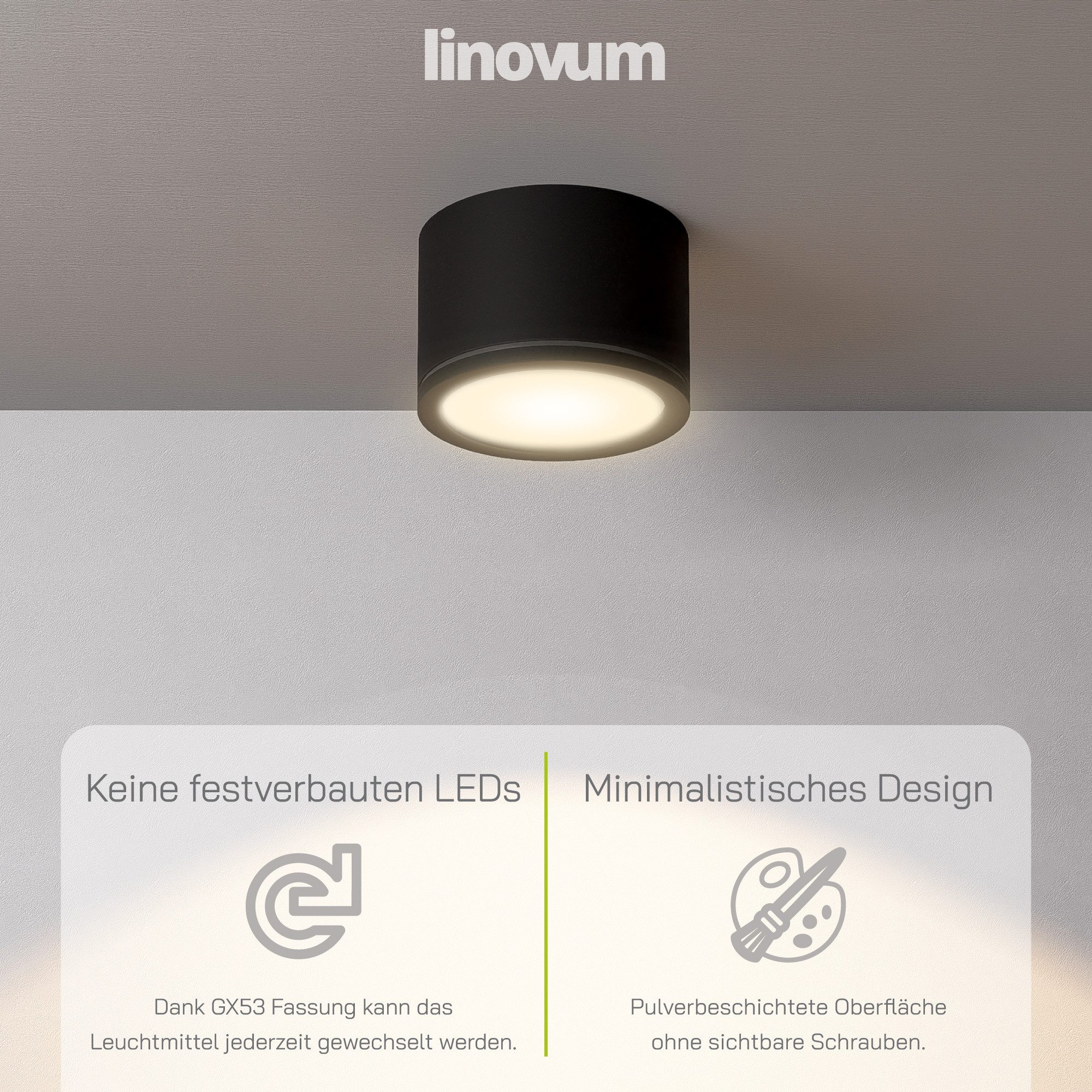 linovum LED Aufbaustrahler NUHA Bad Aufbauspot in schwarz & rund IP44 mit Fassung für 1x GX53