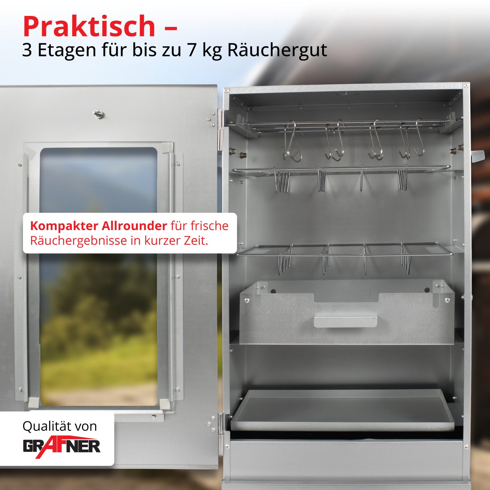 Grafner Räucherofen Grafner Räucherofen mit 3 Etagen 44x28x80 mit Sichtfenster und Thermom, 21-St., integriertes Thermometer, 3 Etagen
