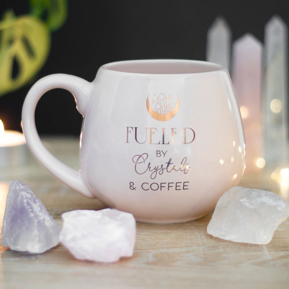 MystiCalls Tasse Tasse mit Aufdruck "Fueled by Crystals & Coffee" Kristall Esoterik, 1-tlg., New Bone China, 500ml Fassungsvolumen