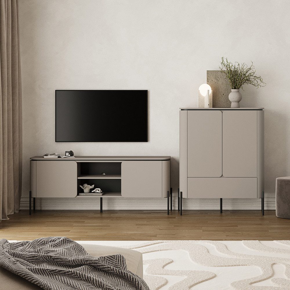 Lomadox Wohnzimmer-Set BRONTE-83, (Mega-Spar-Set, 2-St., Sideboard Lowboard Highboard), in greige mit abgerundeten Fronten, grifflos, Push-to-Open