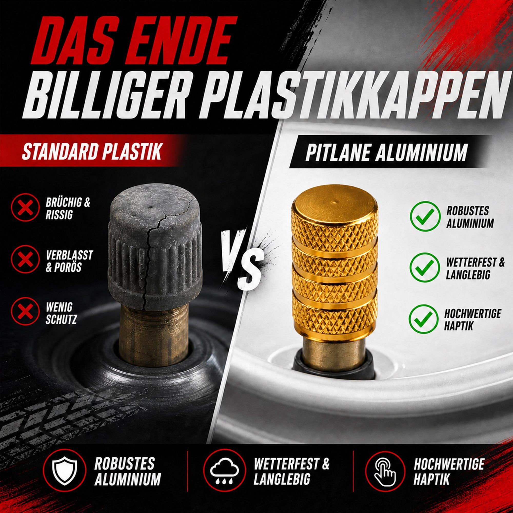 Pitlane Performance Ventilkappe Alu-Ventilkappen für Schrader-Ventile, (Ventilkappen-Set, 4-St., 4 Stück aus Aluminium), Korrosionsschutz und innenliegende Dich – Bild 5 von 5