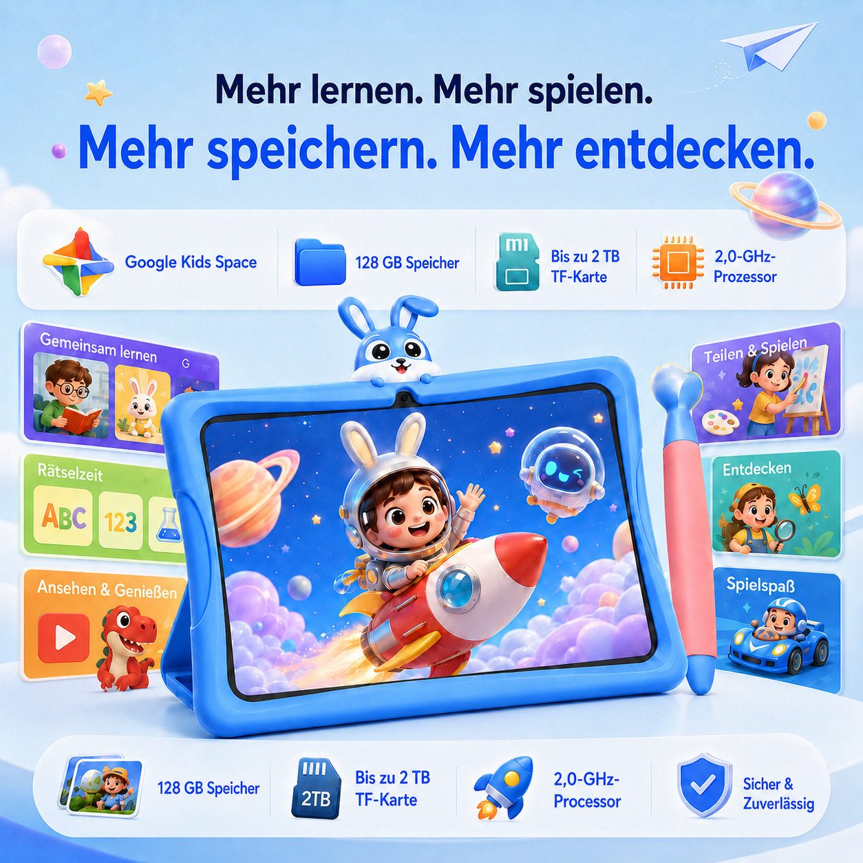 VekfulPC 10.1" 128GB Kids Tablet mit TPU-Schutzhülle/Stift/Smartwatch Tablet (10.1", 128 GB, Android16, 5000 mAh, Kindersicherung, Widevine L1, WiFi 6, Kids Spa – Bild 4 von 5
