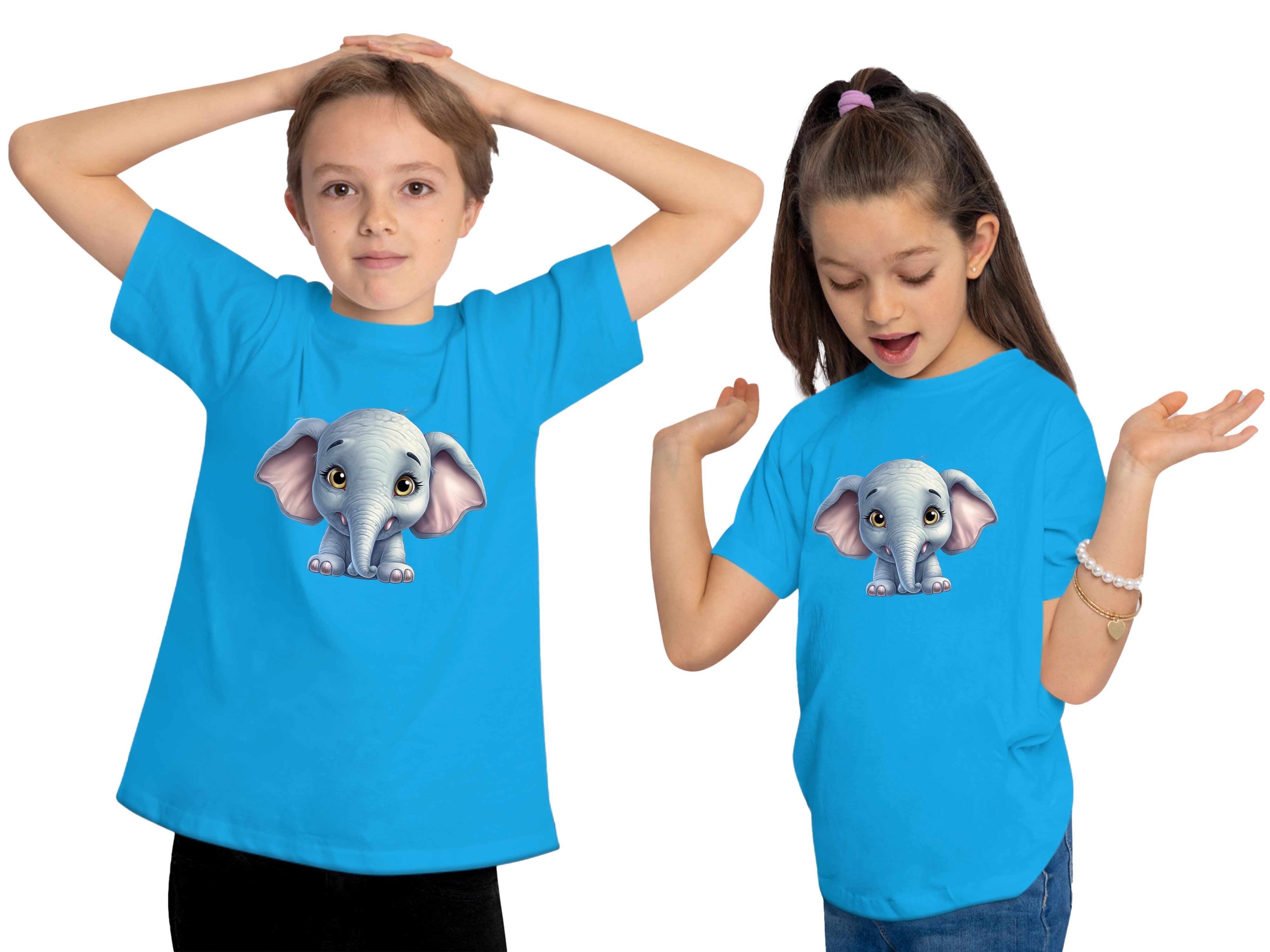 Wildtier Aufdruck, mit Elefant Baumwollshirt Baby T-Shirt blau aqua - Print Kinder bedruckt i272 Shirt MyDesign24