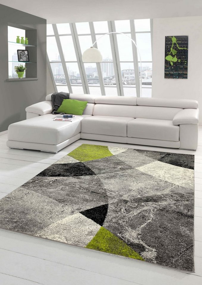 Teppich Moderner Wohnzimmer Teppich abstraktes Wellen Rauten Design  marmoriert in grün grau - pflegeleicht, Teppich-Traum, rechteckig, Höhe: 8  mm