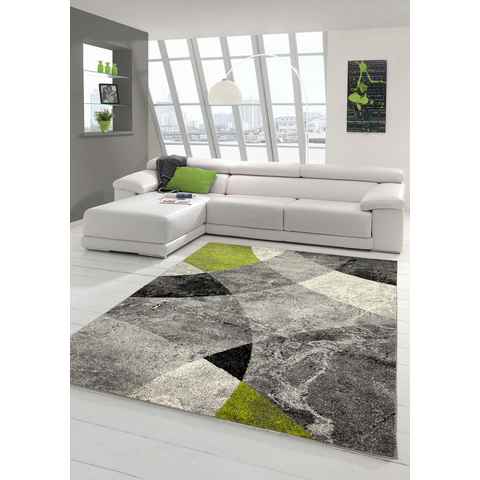 Teppich Moderner Wohnzimmer Teppich abstraktes Wellen Rauten Design marmoriert in grün grau - pflegeleicht, Teppich-Traum, rechteckig, Höhe: 8 mm