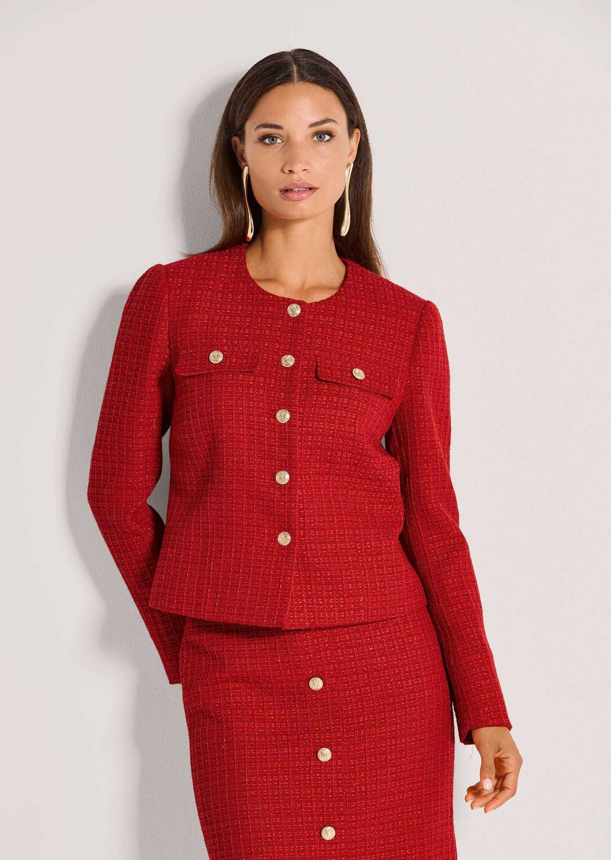 MADELEINE Kurzblazer Eleganter Kurzblazer ohne Kragen Uni-Design mit klassischem Rundhalsausschnitt