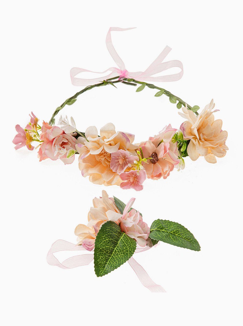 Damen Verstellbarer Mädchen für Haarkranz Diadem Pfirsich Blumenkranz Festival Karneval (Blumenkranz Set), Hochzeit Stirnband Blumen und axy als Blumenarmband