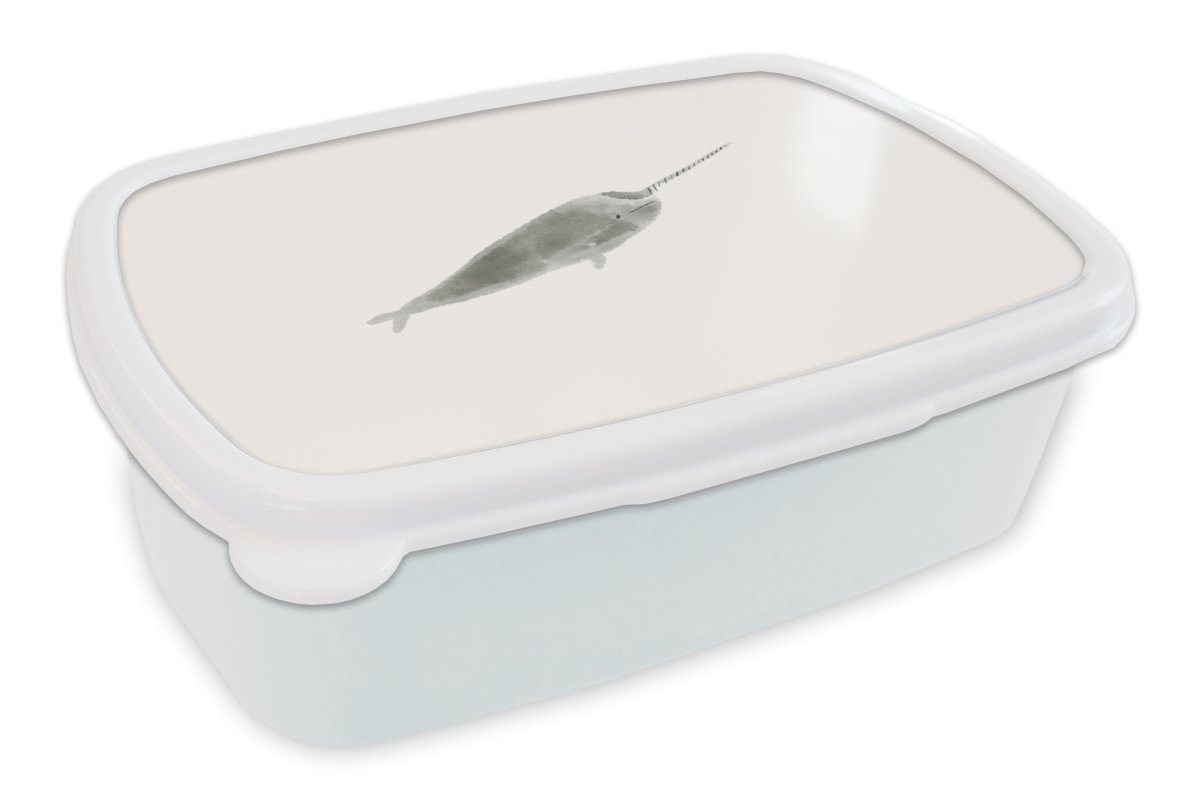 MuchoWow Lunchbox Narwal - Tiere Grau Erwachsene, Kunststoff, und Mädchen weiß - für und Kinder - Brotdose, Aquarell, für (2-tlg), Brotbox Jungs