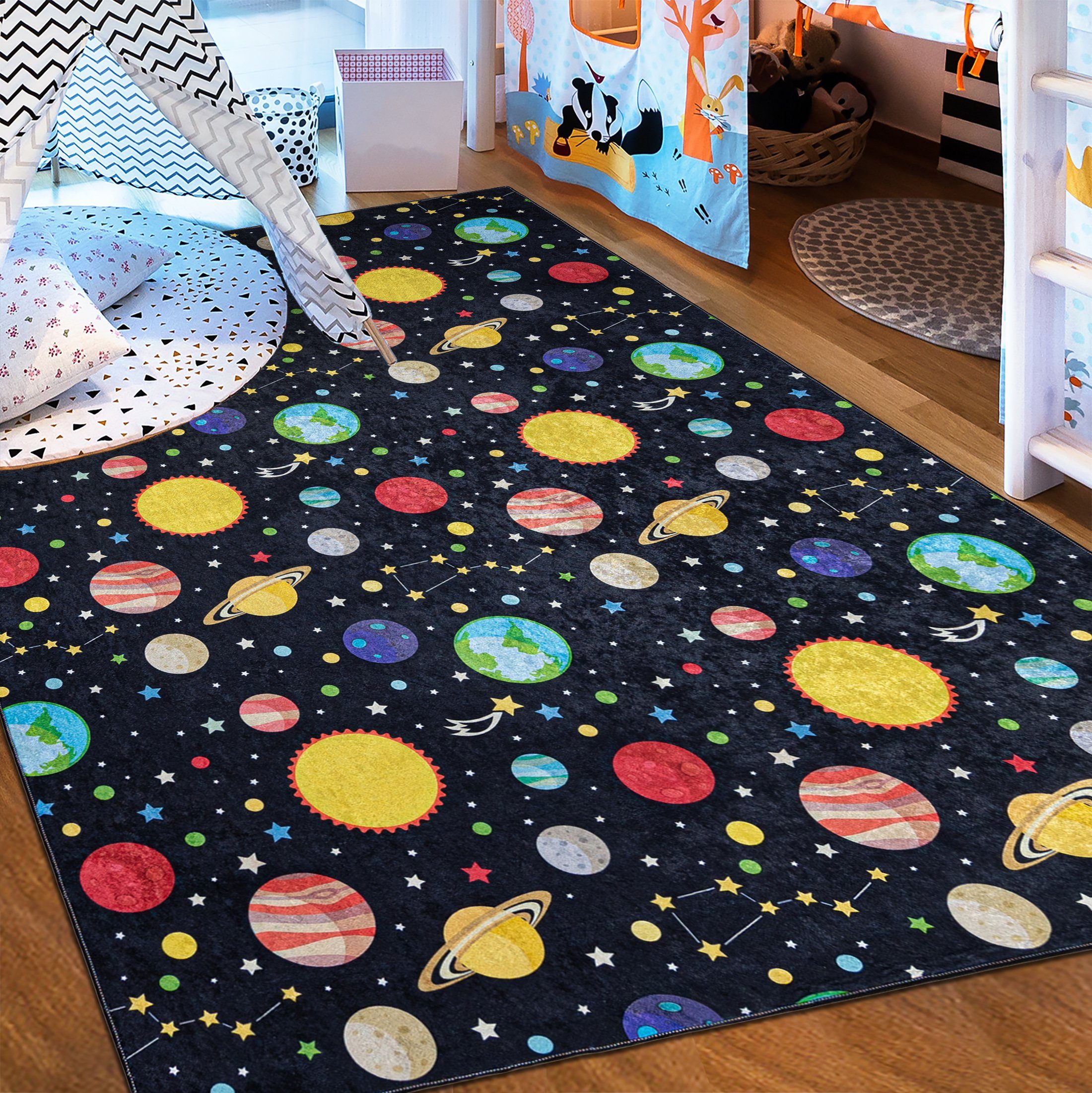 Mazovia Kinderteppich Kinderteppich Kinderzimmerteppich Planeten Weltraum, 80 x 150 cm, Kurflor, Waschbar in Waschmaschine, Höhe 5 mm, Rutschfest