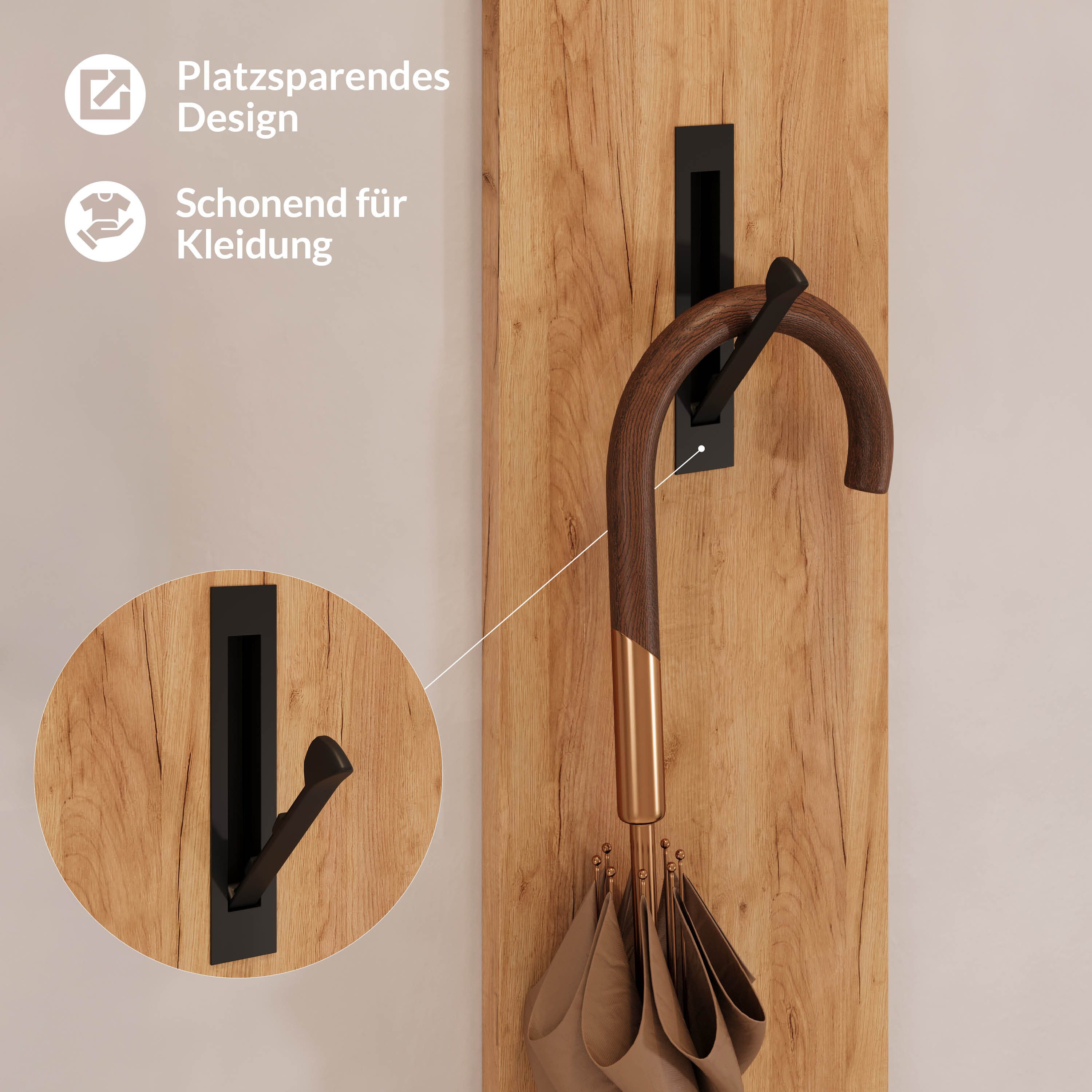 Planetmöbel Garderoben-Set OSSA Garderobenleiste mit 2 Kleiderhaken, (Wandgarderobe Flur, mit 2 Garderobenhaken), klappbare Metallhaken