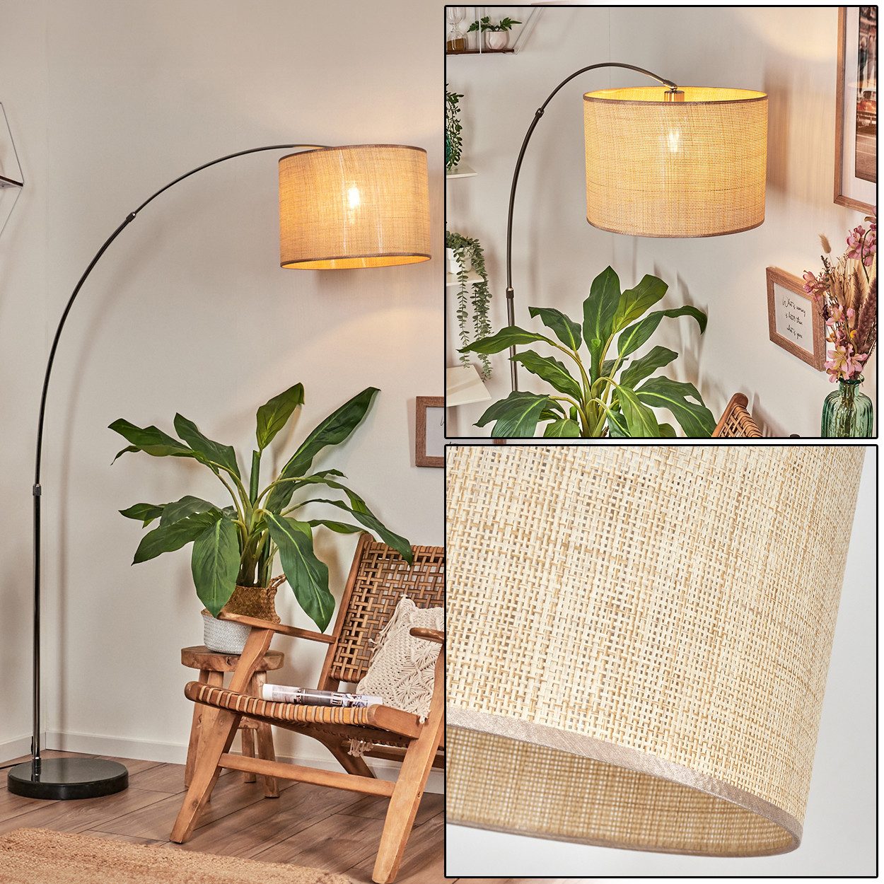 hofstein Bogenlampe Stehlampe aus Metall/Papiergeflecht in Nickel-matt/Schwarz/Natur/Braun, verstellbare Stehleuchte mit Marmorfuß u.Fußschalter, Boho-Design, E27