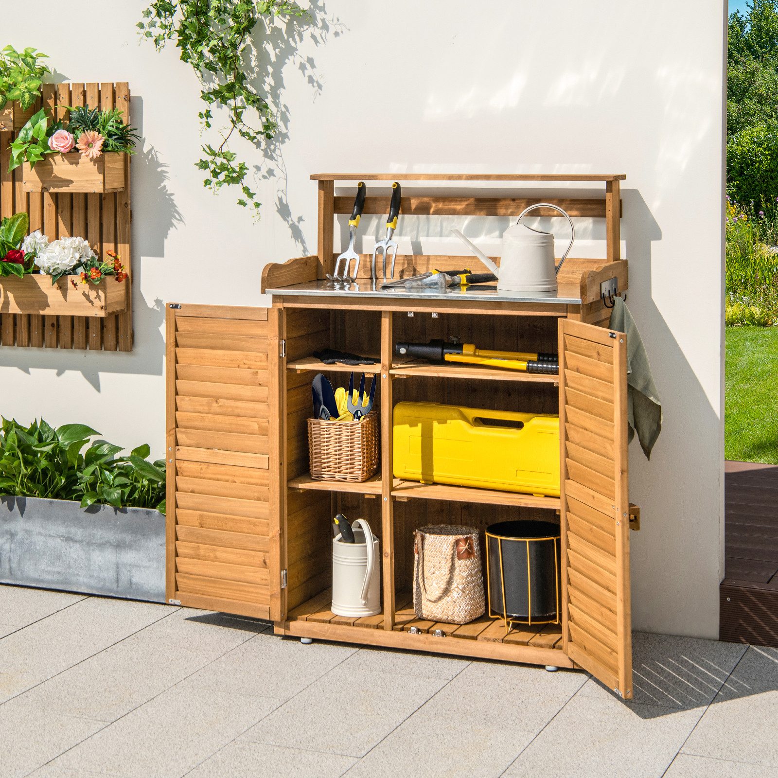 COSTWAY Pflanztisch, mit Unterschrank & abnehmbaren Regalen, 87 x 45 x 120cm