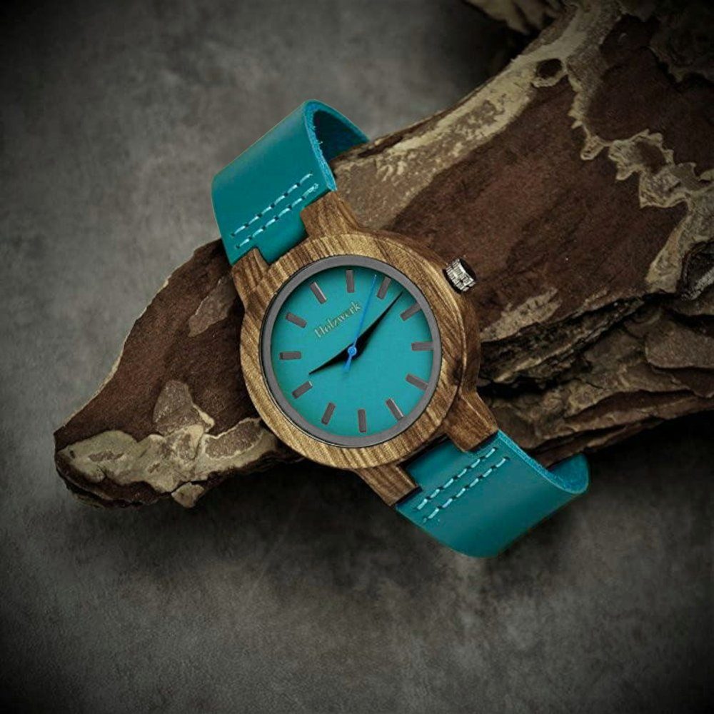 Holzwerk Quarzuhr LIL KAHLA kleine Damen Leder & Holz Armband Uhr in türkis blau & braun