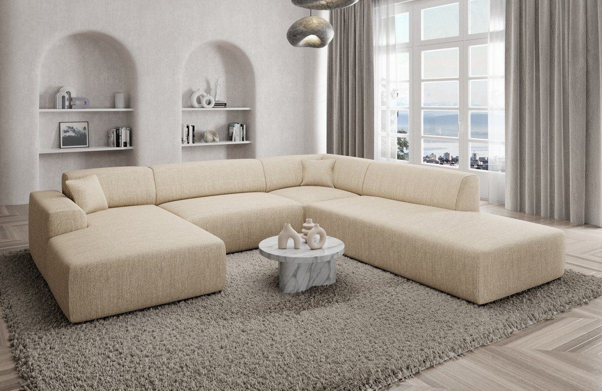 Sofa Dreams Wohnlandschaft Designer Strukturstoff Sofa Mallorca U Lounge Stoffsofa Modern, U-Form Loungesofa beige02