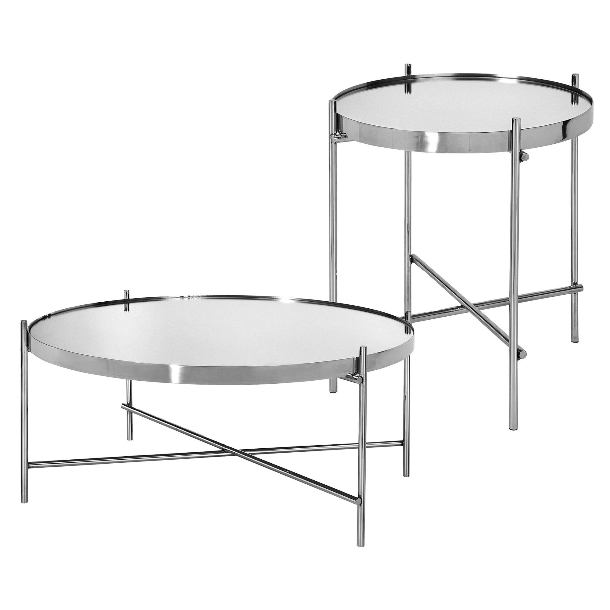 WOMO-DESIGN Couchtisch Wohnzimmertische Beistelltisch Glastisch Sofatisch Kaffeetisch, 2er Set Ø43x45 Ø75x35cm rund Chrom Modern Glasplatte Metallgestell