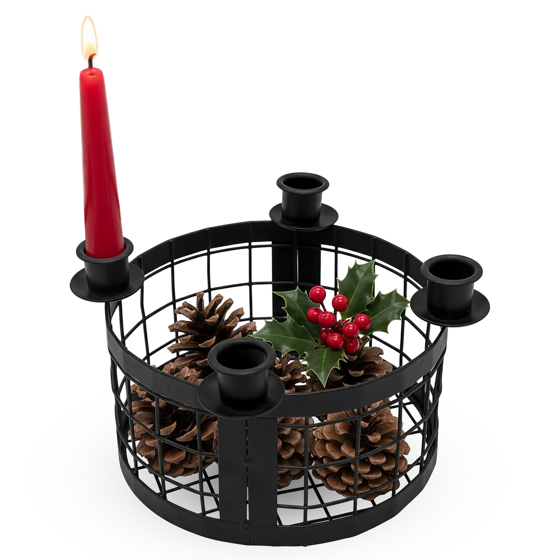 Spetebo Kerzenhalter Metall Adventskranz schwarz für 4 Stabkerzen (Pack., 1 St., 1), mit integriertem Korb aus Metall