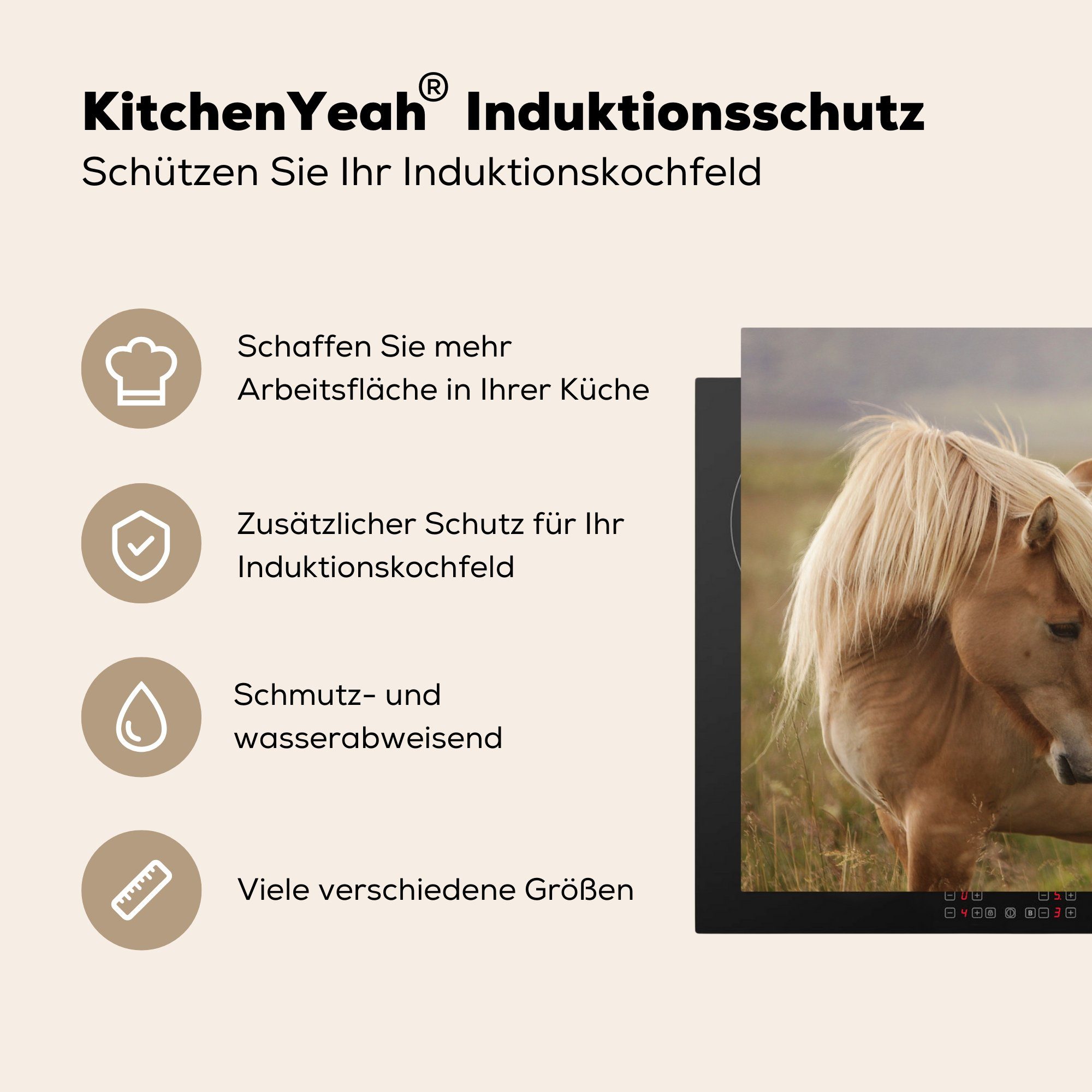 Vinyl, küche, Induktionskochfeld Gras MuchoWow - tlg), (1 Herdblende-/Abdeckplatte Braun, für - 81x52 Pferde Schutz Ceranfeldabdeckung cm, die