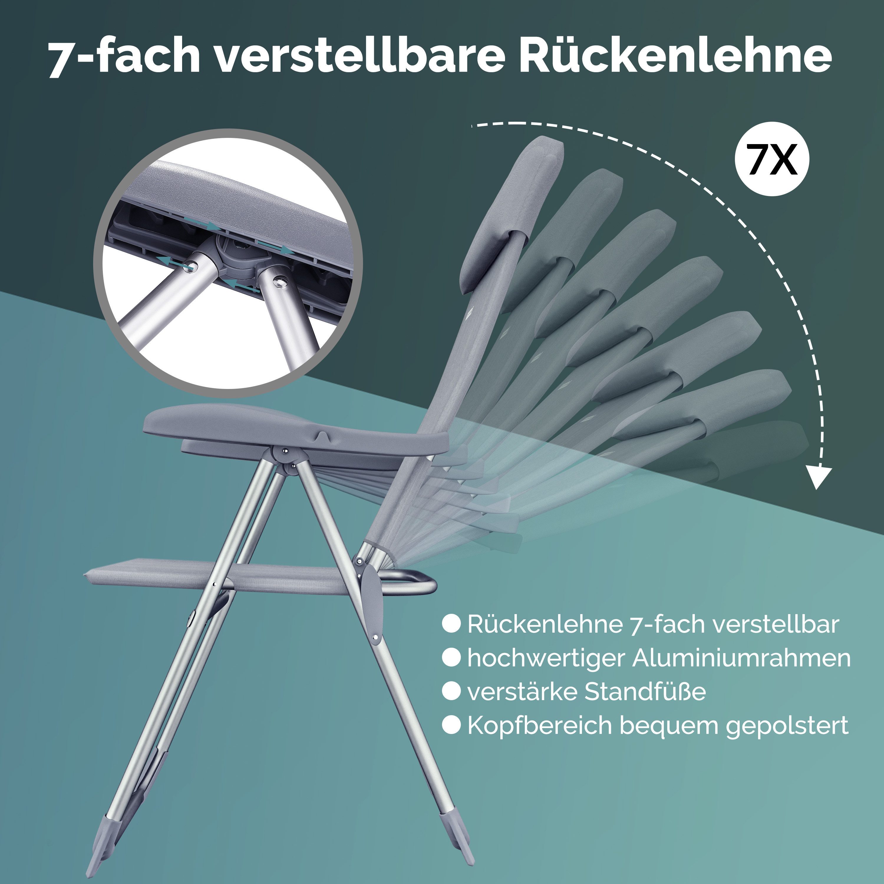 Casaria Gartenstuhl (4 St), Klappbar 4er Set 7-fach Verstellbar Alu mit hoher Rückenlehne