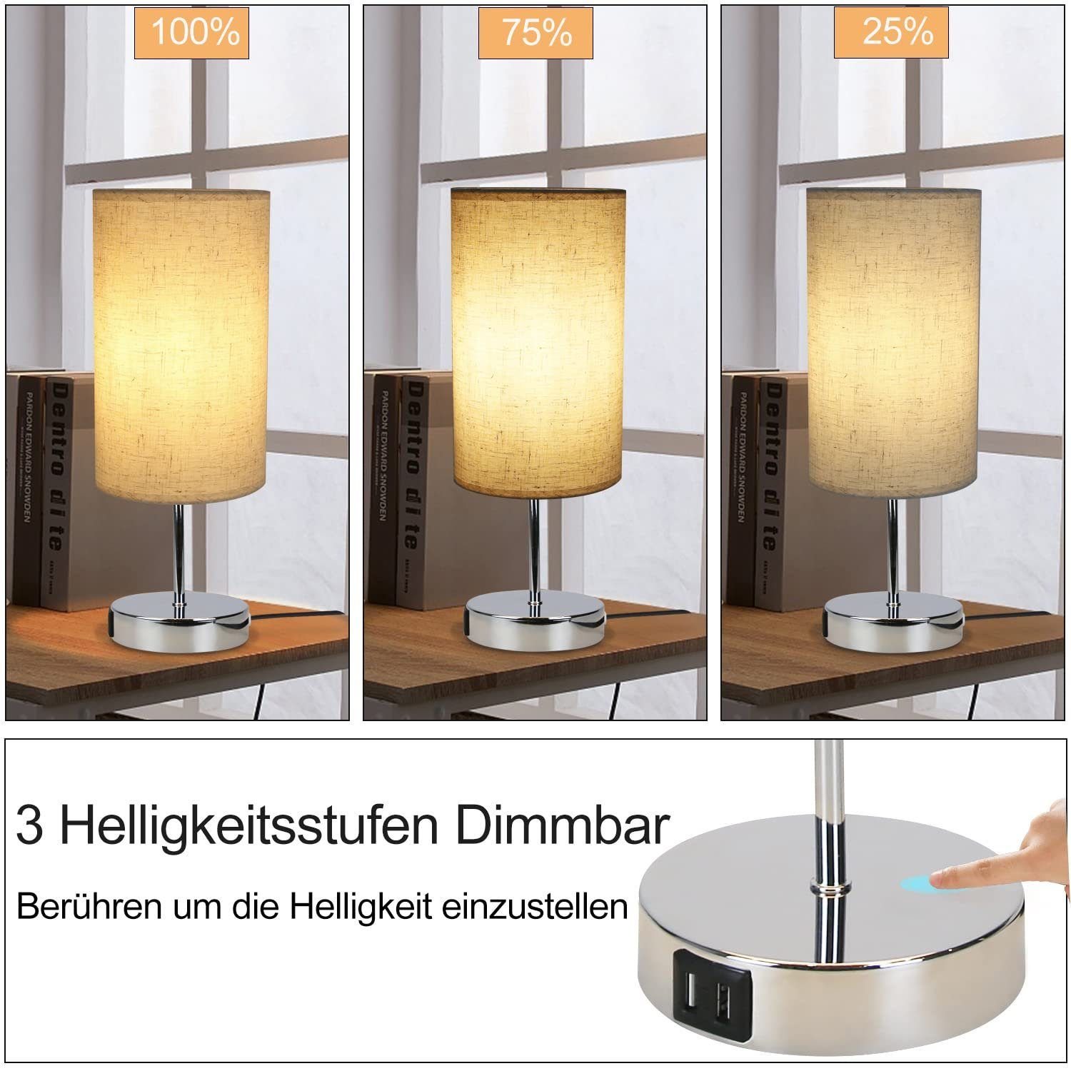 LED mit Silber Kinderzimmer Nachttischlampe ohne Vintage Dimmbar Ladefunktion Tischlampe Leuchtmittel, Wohnzimmer E27, USB-Anschlüssen, Stoffschirm Nettlife USB Arbeitszimmer Schlafzimmer für 2 Touch mit