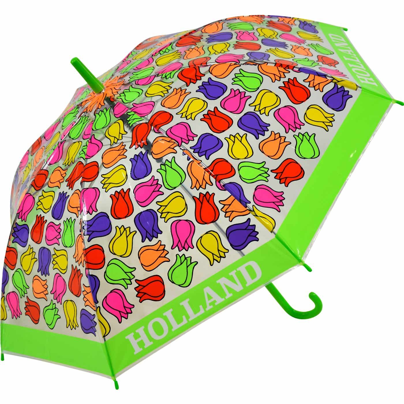 Falconetti grün Kinderschirm bunt Tulpen, transparent Langregenschirm - durchsichtig Impliva
