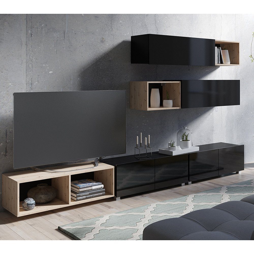 Lomadox Wohnwand CAIRNS-132, (7-St., Wandregal Lowboards Stauraumschränke Wandregale), in scharz Hochglanz mit Eiche, stehend oder hängend, grifflos