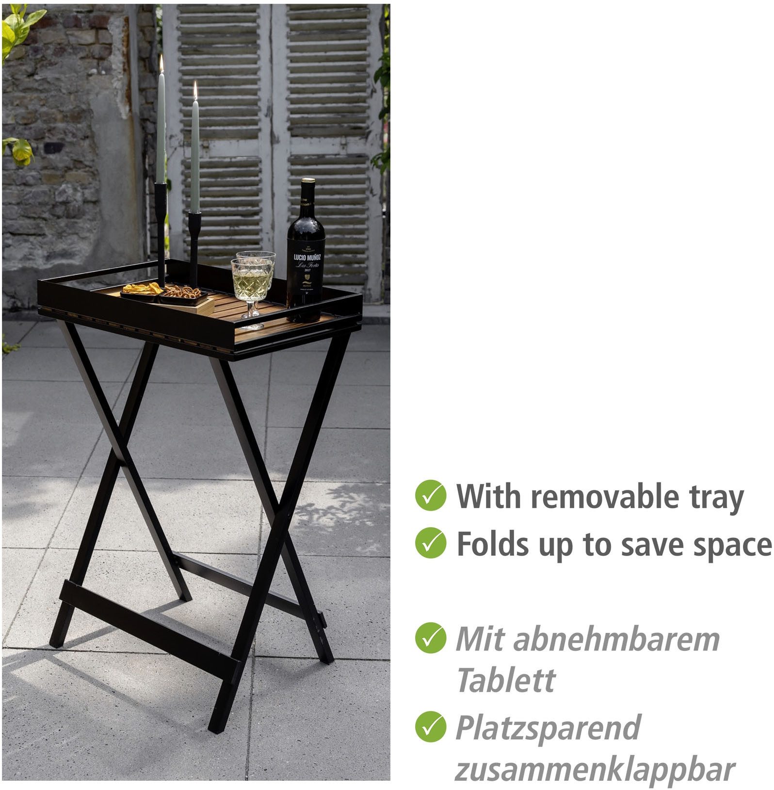 WENKO Tablett Beistelltisch Modell Taba, Akazienholz, Metall, klappbar, abnehmbares Akazienholz-Tablett, überdacht outdoorgeeignet