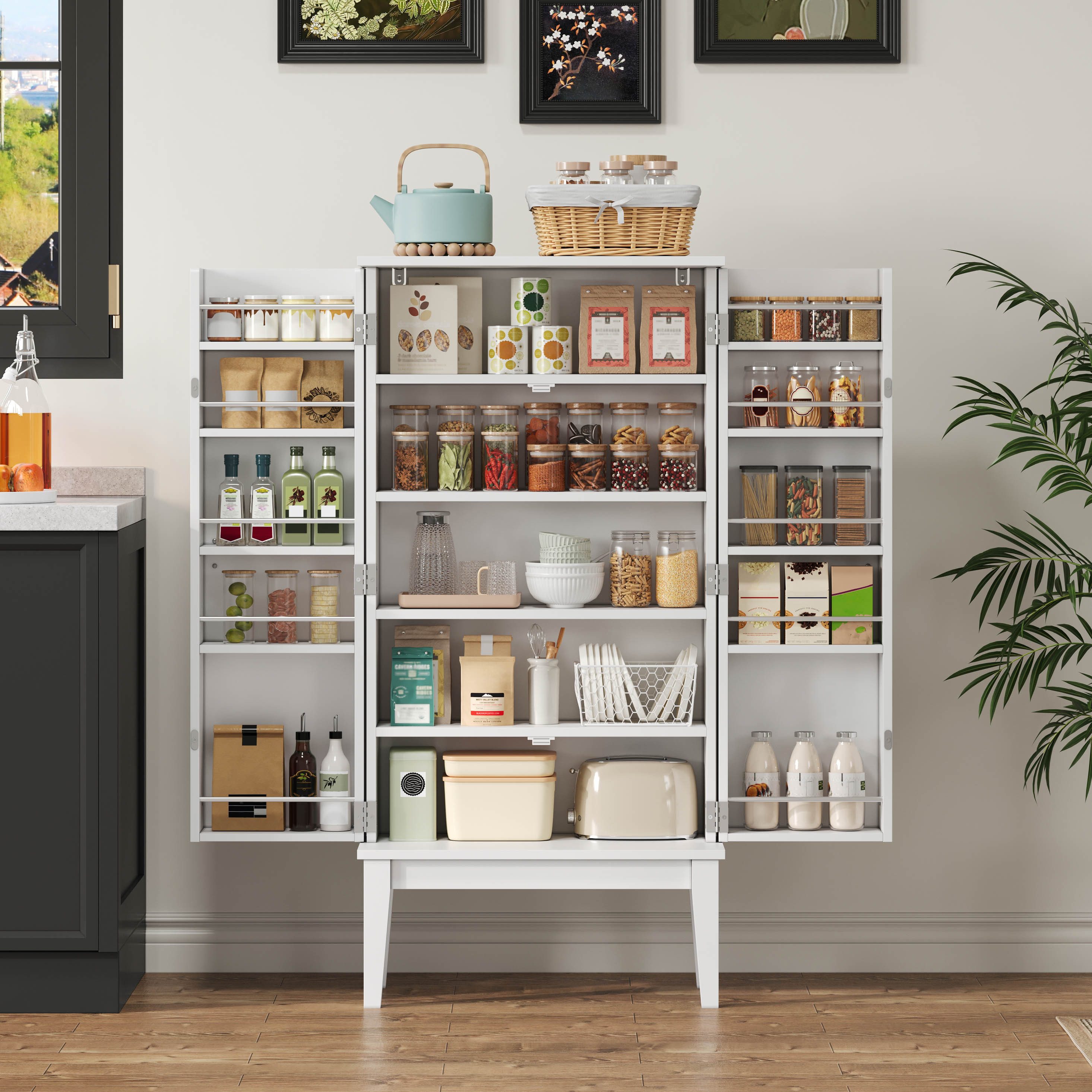 Flieks Mehrzweckschrank Hochschrank mit 2 Türablagen, Beine aus Massivholz (1-St., H120xB59xT30 cm) Küchenschrank Sideboard Aufbewahrungsschrank Weiß