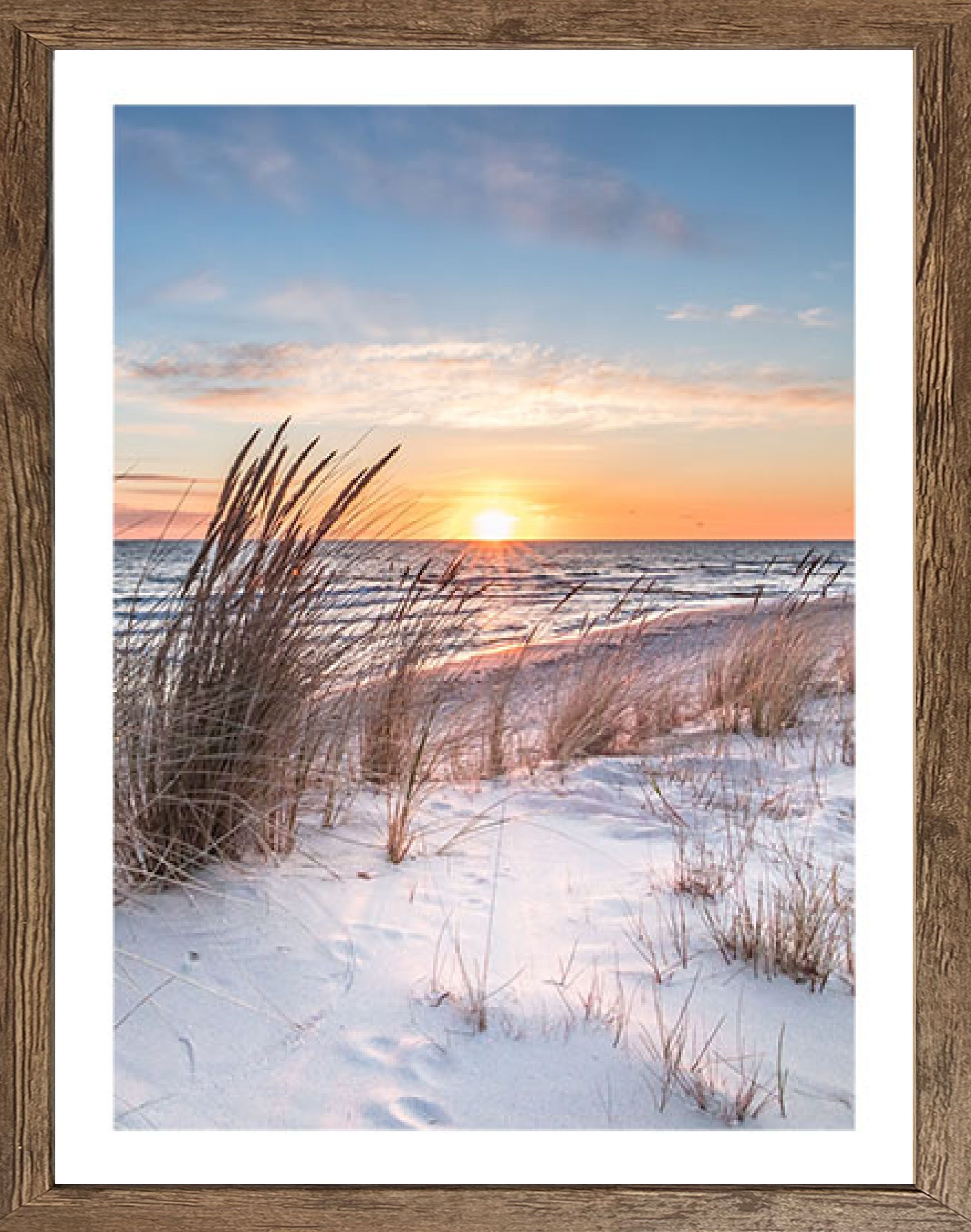 Bönninghoff Bild mit Rahmen Wandbild gerahmt STRAND BEI SONNENAUFGANG 40x50 cm – Natur Wanddeko, Düne, Gräser, Küste, Landschaft, Meer, Natur, Sonnenaufgang & -untergang, Strand (1 St), mit dekorativem Rahmen