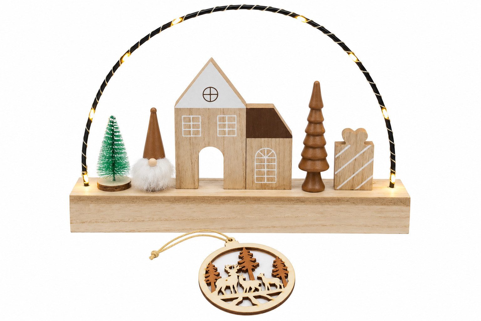 OTTO home LED Dekoobjekt Holzdekoration, 1 Stück, Timerfunktion, Miniatur-Winterkulisse, Timerfunktion, LED fest integriert, Warmweiß, Gratis-Hänger, 6h-Timer, 20 cm Hoch