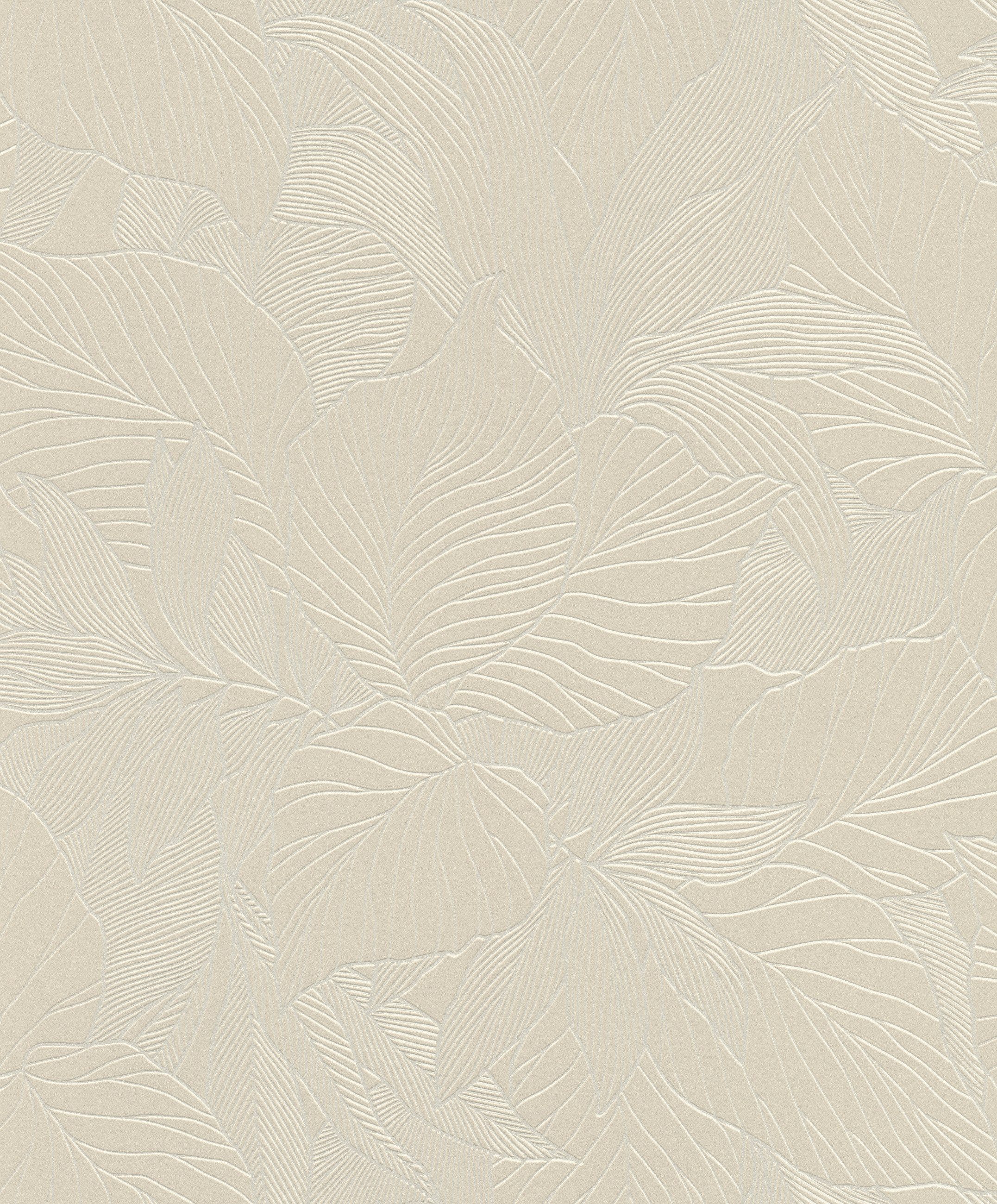 Rasch Vliestapete Blätter, Blumen & Palmen in 3D - Vliestapete Beige, floral, strukturiert, 3D-Optik, glänzend, bedruckt, (1 Rolle, 1 St., Kollektion 'Deco Style' - 10,05 m x 0,53 m), Lichtbeständige Farben - Feucht abwischbar - Restlost abziehbar
