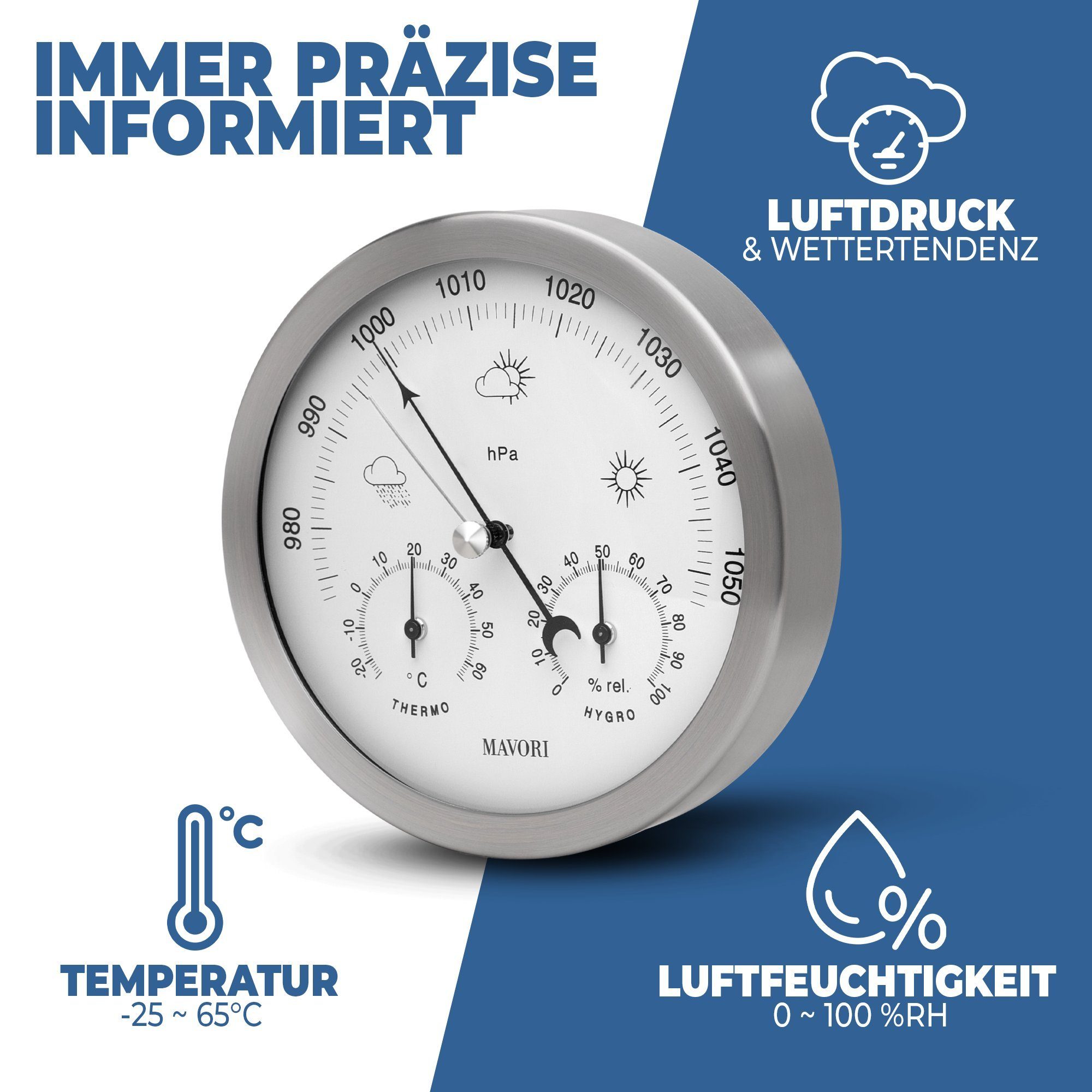 MAVORI analoge Wetterstation - 3in1 Barometer, Hygrometer & Thermometer Wetterstation (inkl. Befestigungsmaterial für Wandmontage, mechanische Messung - ohne Batterie oder flüssige Substanzen)