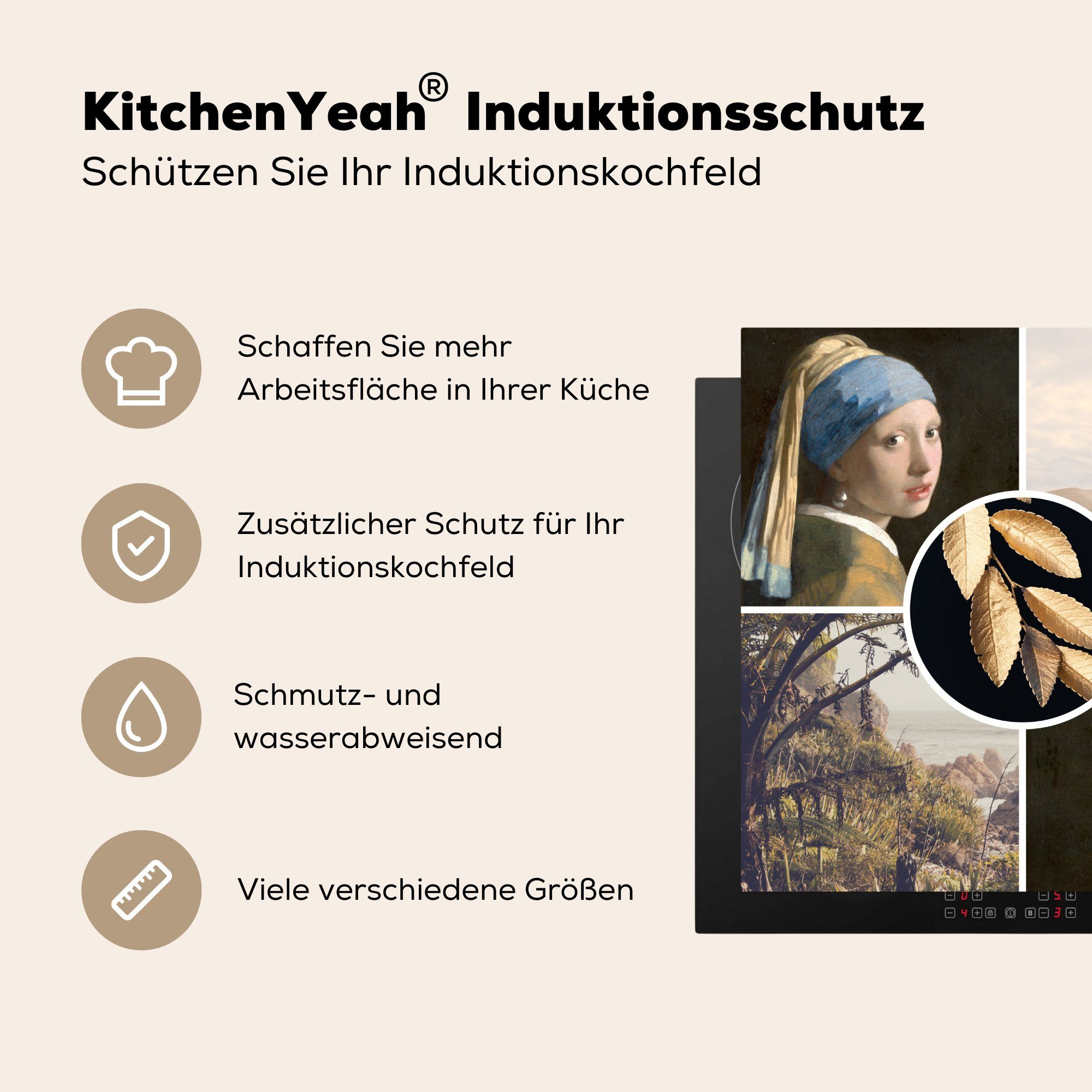 Mädchen cm, (1 mit Vinyl, Arbeitsplatte Ceranfeldabdeckung, tlg), MuchoWow - küche 78x78 Natur - Perlenohrring Herdblende-/Abdeckplatte Collage, für