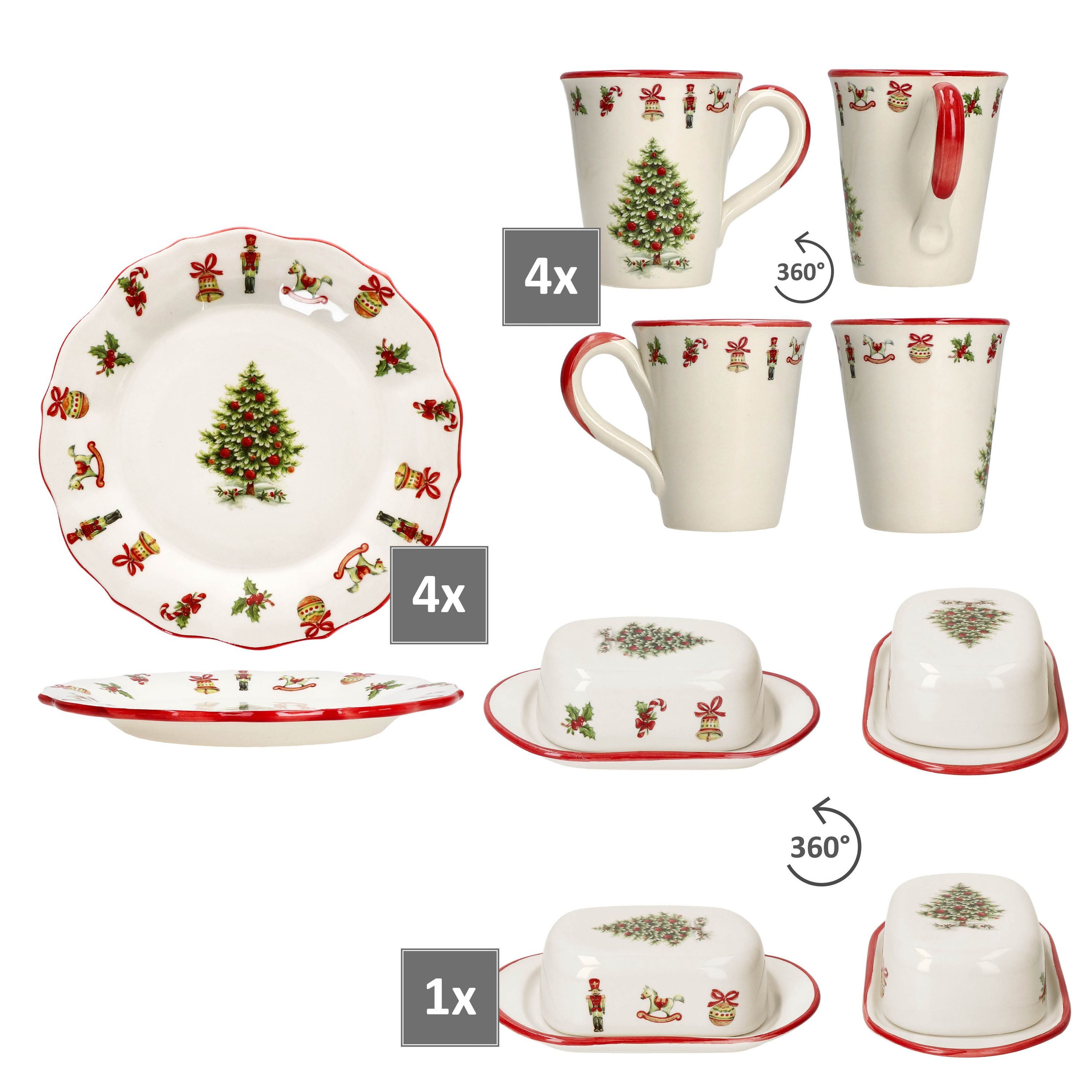 MamboCat Frühstücks-Geschirrset Maestro Natale 5tlg Frühstücksset 2 Pers Butterdose Teller Becher, Keramik