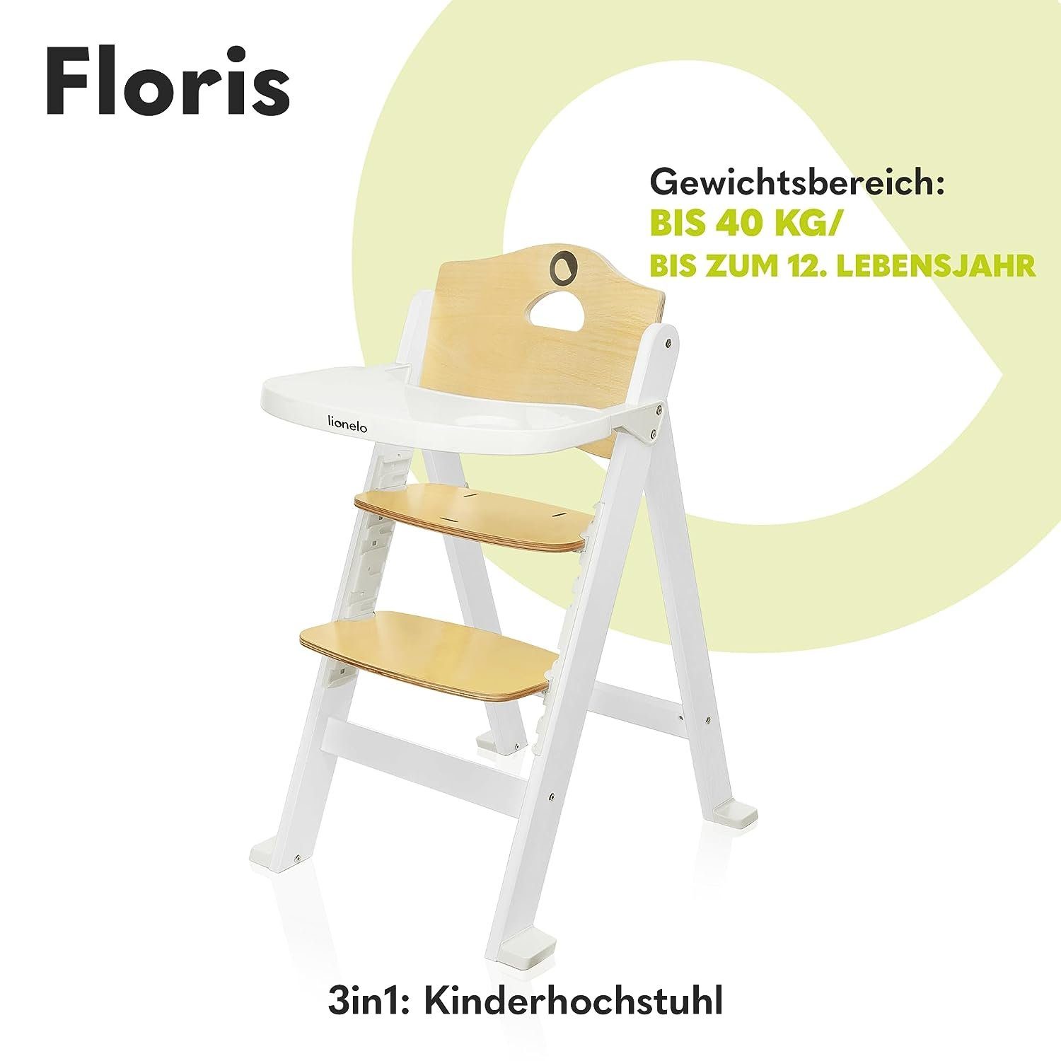 lionelo Hochstuhl Gurt, Weiß (HOLZ), 40kg HOLZ, mit höhenverstellbarer, 3-in-1 Hochstuhl Floris bis Mitwachsender