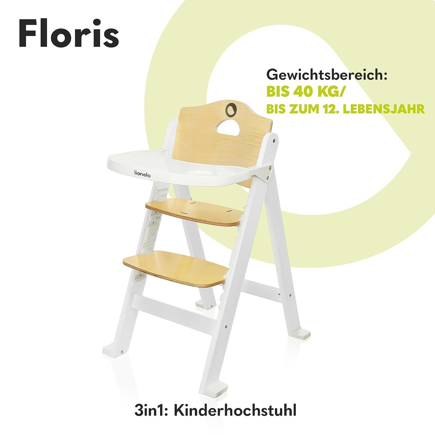 höhenverstellbarer, lionelo Mitwachsender, Weiß Floris bis 40kg Hochstuhl Gurt, Hochstuhl (HOLZ), HOLZ, 3-in-1 mit