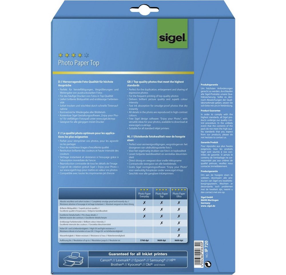 Thumbnail - Sigel Fotopapier Sigel Photo Paper Top IP720 Fotopapier DIN A4 190 g/m² 20 Blatt Hochgl