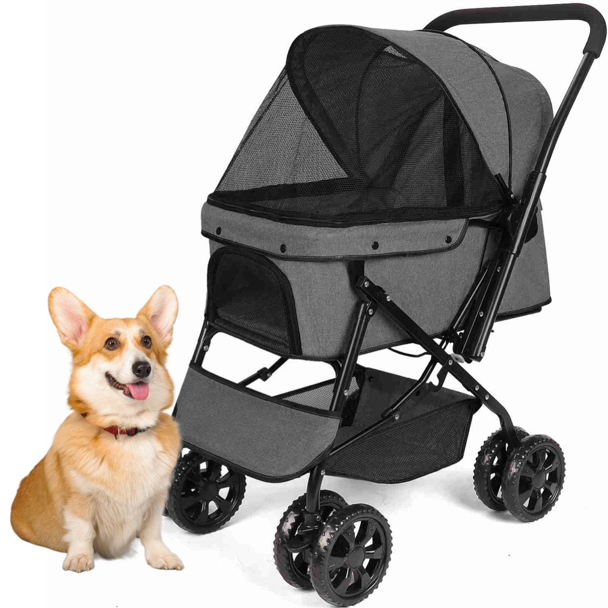 Super Solu Hundebuggy Klappbarer Hundewagen mit großem Einkaufskorb für Hunde bis 15 kg, (Haustierwagen für kleine Hunde und Katzen, P03, 1-tlg), Pet Stroller, Feststellbremse, leicht und robust, Netzfenstern