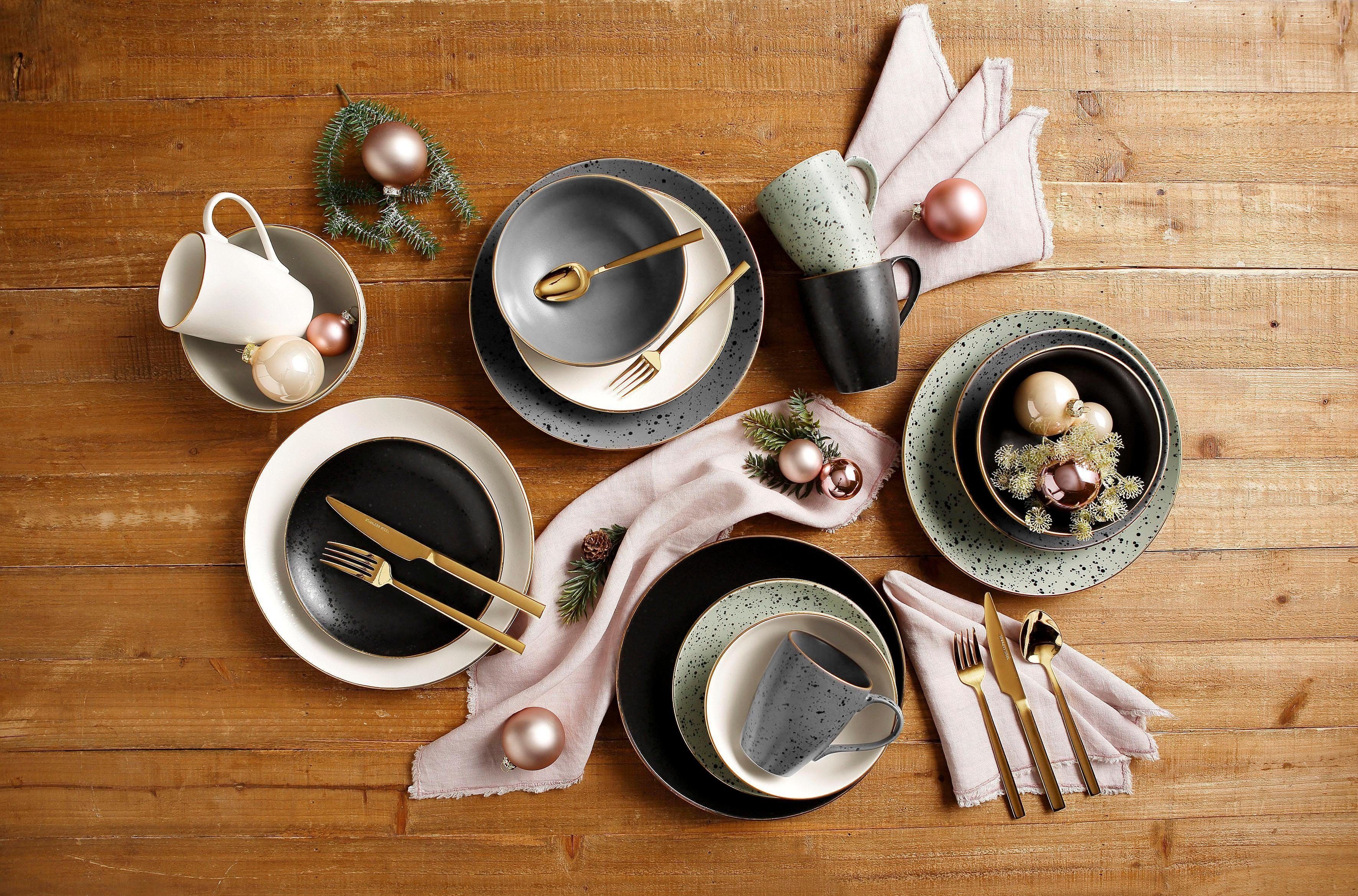 CreaTable Kombiservice Geschirr-Set Industrial Gold (16-tlg), 4 Personen, Steinzeug, Service, Sprenkelglasur, 16 Teile, für 4 Personen