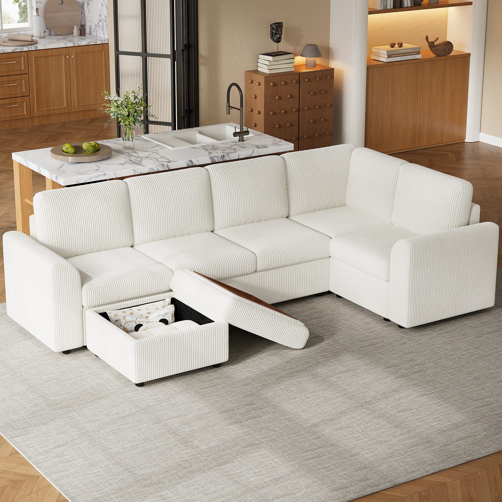 REDOM Ecksofa Modernes Sofa, chenille L-förmiges Ecksofa mit Armlehnen, 1 beweglicher multifunktionaler Hocker 1 Teile