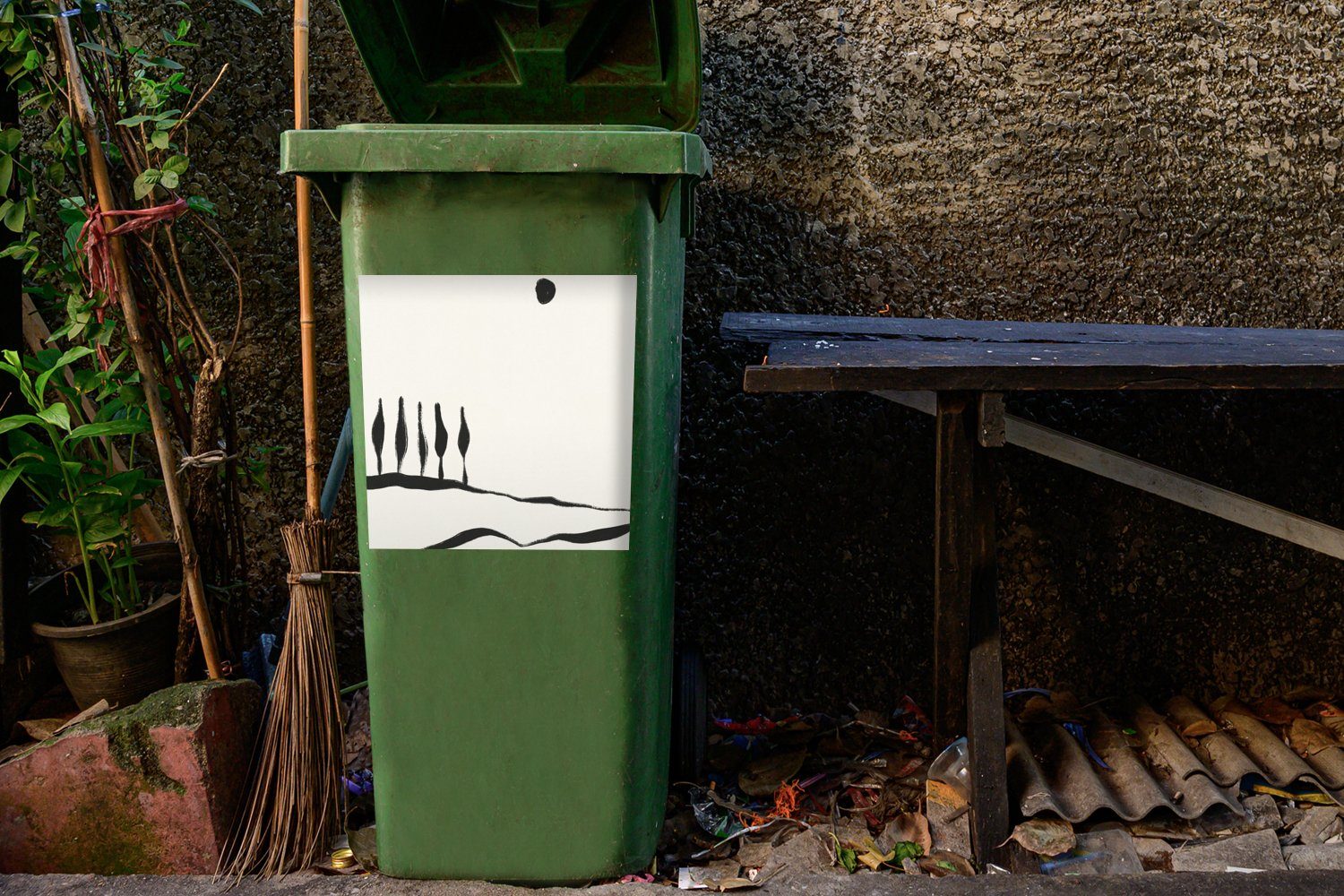 MuchoWow Wandsticker Landschaft - Schwarz Sticker, - Abfalbehälter und Container, weiß Mülltonne, (1 St), Mülleimer-aufkleber, Abstrakt