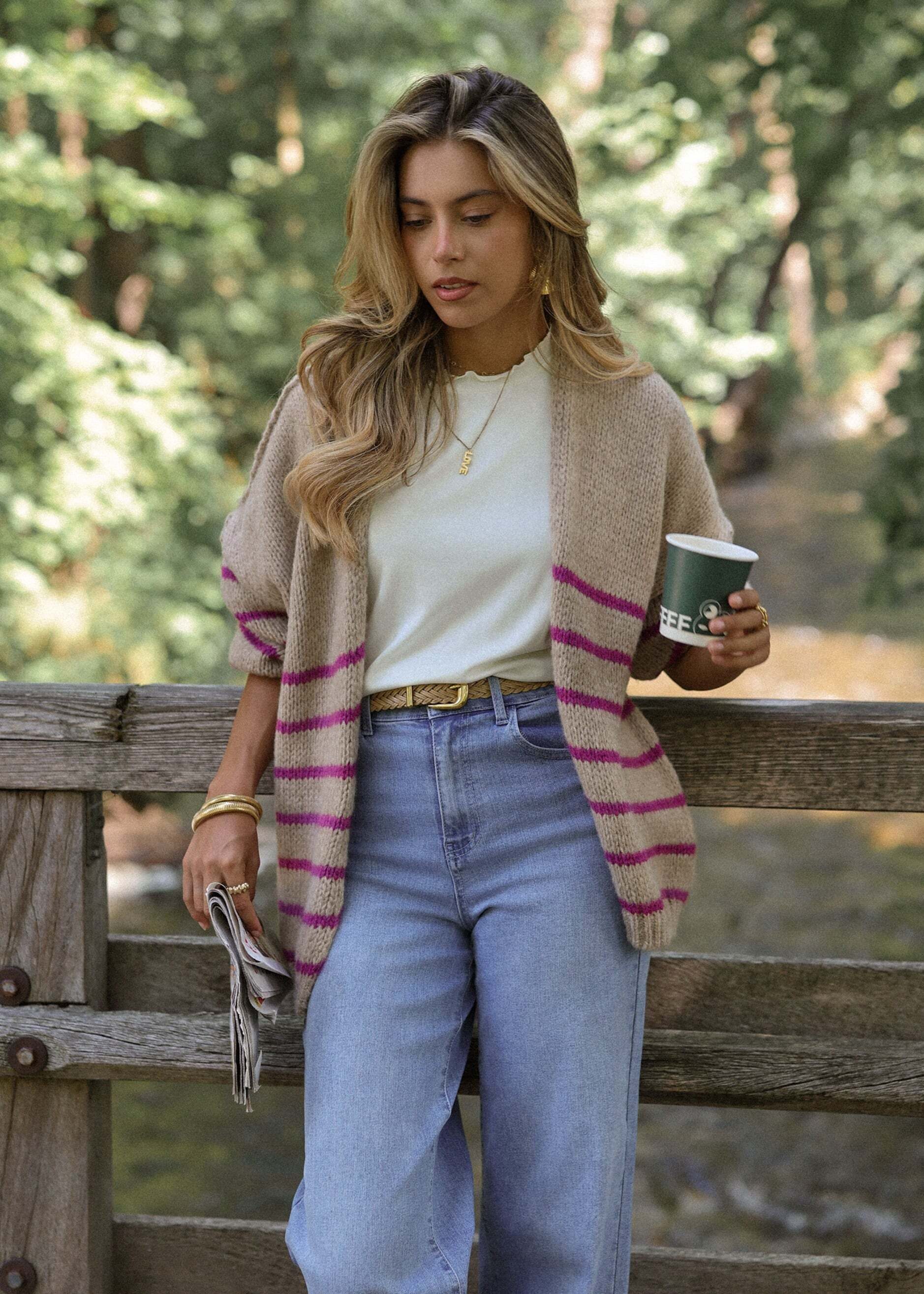 SASSYCLASSY Cardigan Gestreifter Cardigan mit Außennähten für Damen Weicher Cardigan aus Strick mit offenem Schnitt Beige Grau Schwarz
