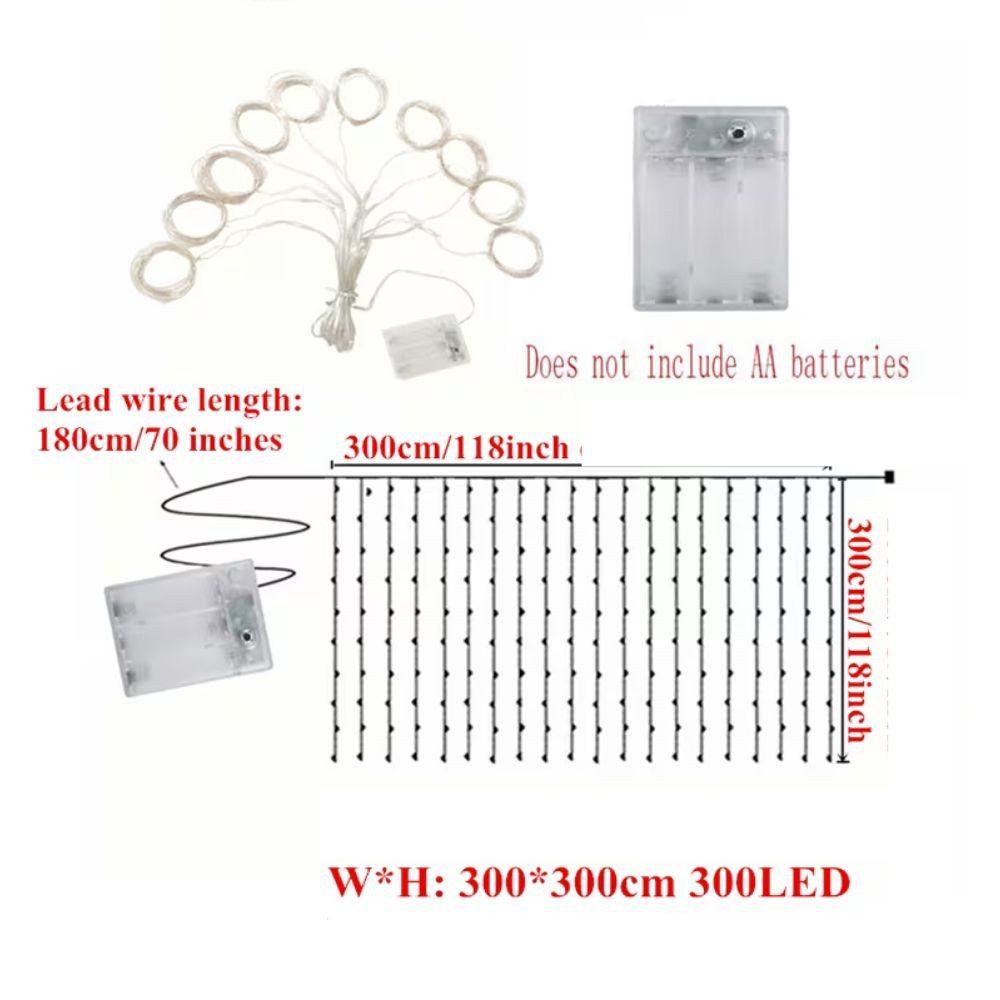 Wrischan LED-Lichtervorhang LED Lichtervorhang 3x3m 300 LEDs Warmweiß mit Fernbedienung 8 Modi, 300 LEDs, 8 Modi, Timer, dimmbar, Fernbedienung, IP65 – Bild 3 von 5