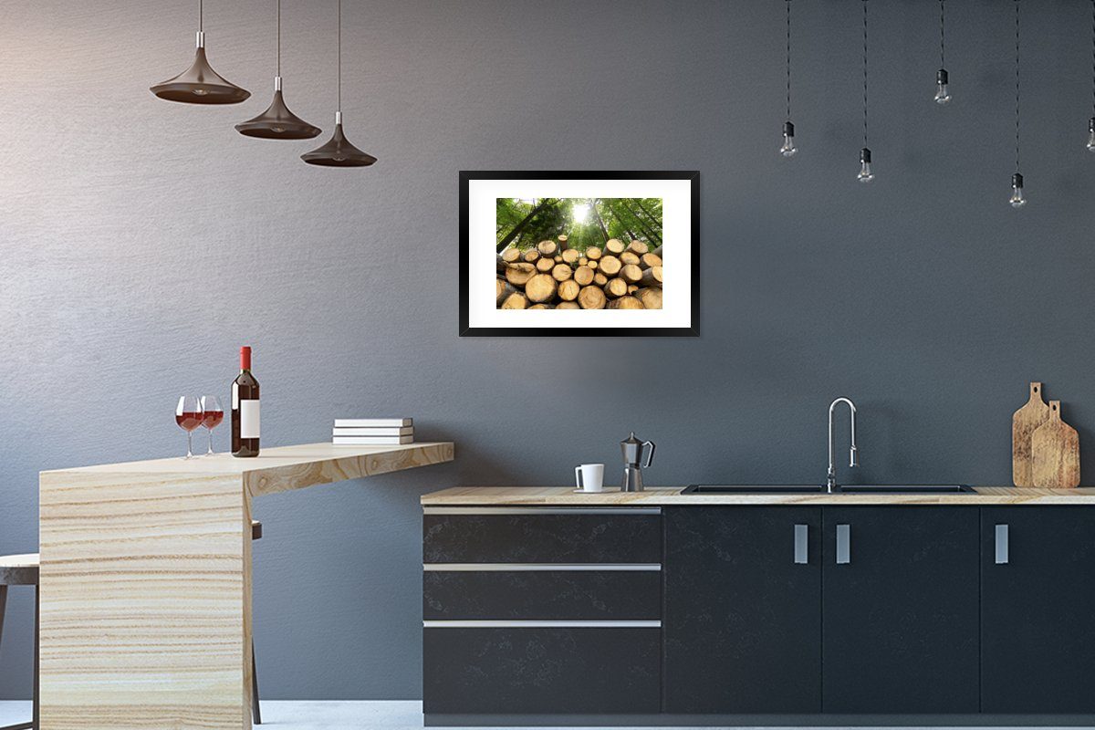 MuchoWow Poster Bäume - Holz - Wald, (1 St), mit Rahmen, Kunstdruck, Gerahmtes Poster, Schwarzem Bilderrahmen