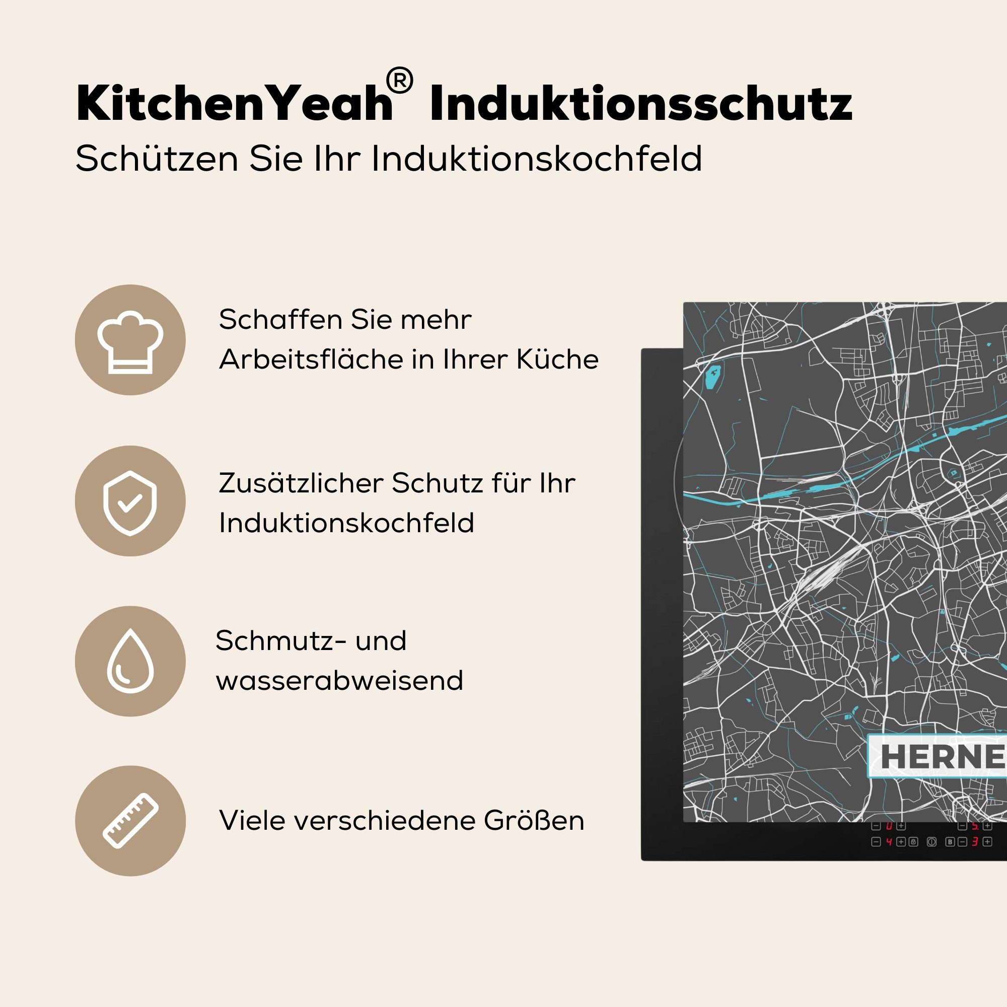 Ceranfeldabdeckung, küche Arbeitsplatte Herne Vinyl, Karte, cm, Blau 78x78 Herdblende-/Abdeckplatte Stadtplan MuchoWow - tlg), für - - Deutschland - (1