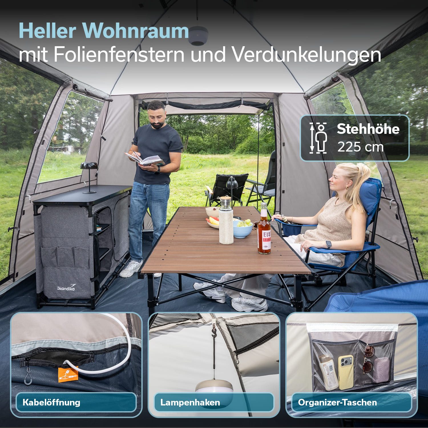 Skandika Buszelt Pitea Van Protect, freistehend, für Auto, CUV, Bus, Minivan, UPF 50+, Personen: 4 (Moskitonetz an allen 3 Türen und am Schleuseneingang), 225 cm Stehhöhe, 5000 mm Wassersäule, eingenähter Zeltboden